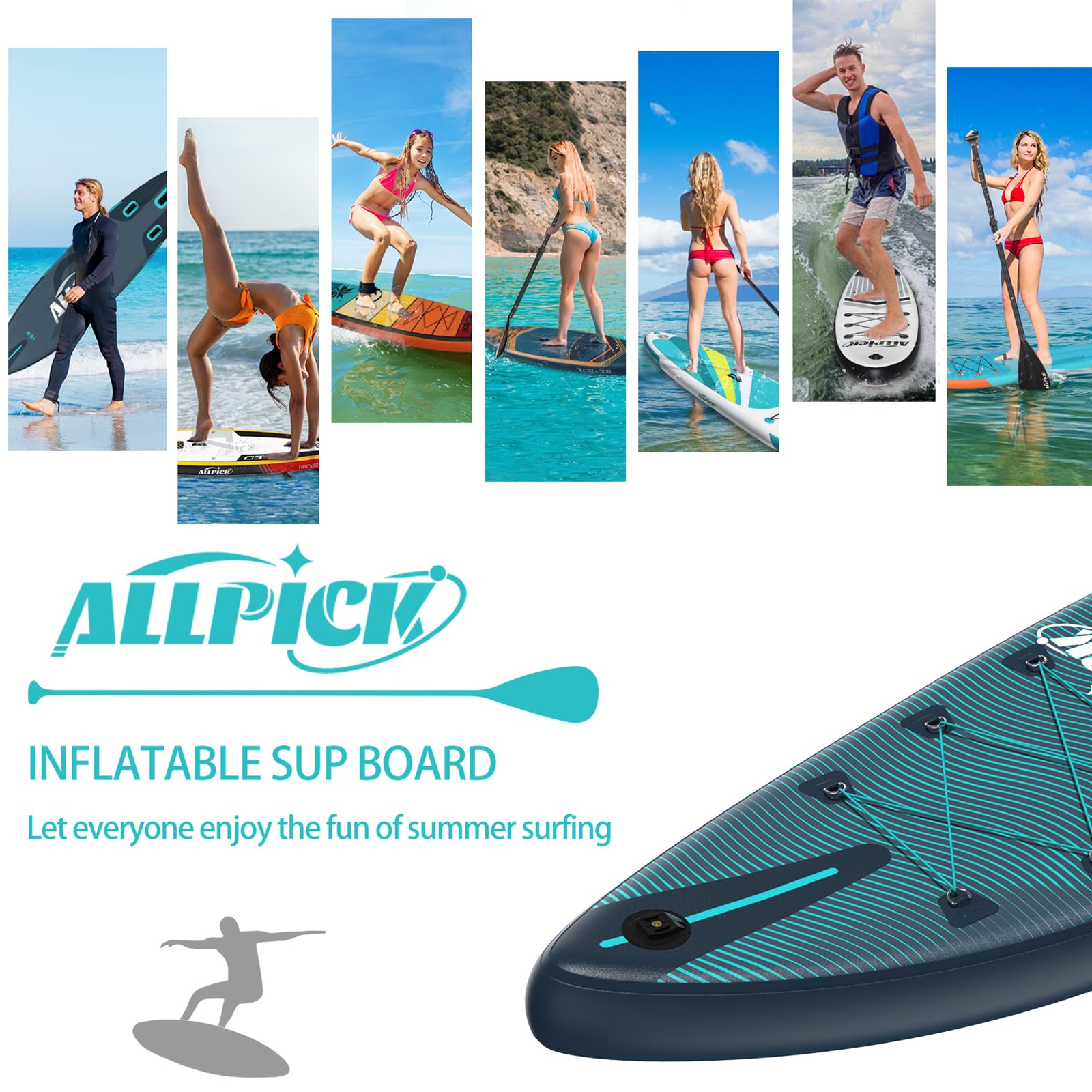 ALLPICK Stand Up Paddling Board Aufblasbar, SUP Board Set, 200kg | Universal Kamerahalterung, Komplettes Zubehör, Verstellbares Paddel, Anfänger, Fortgeschrittene