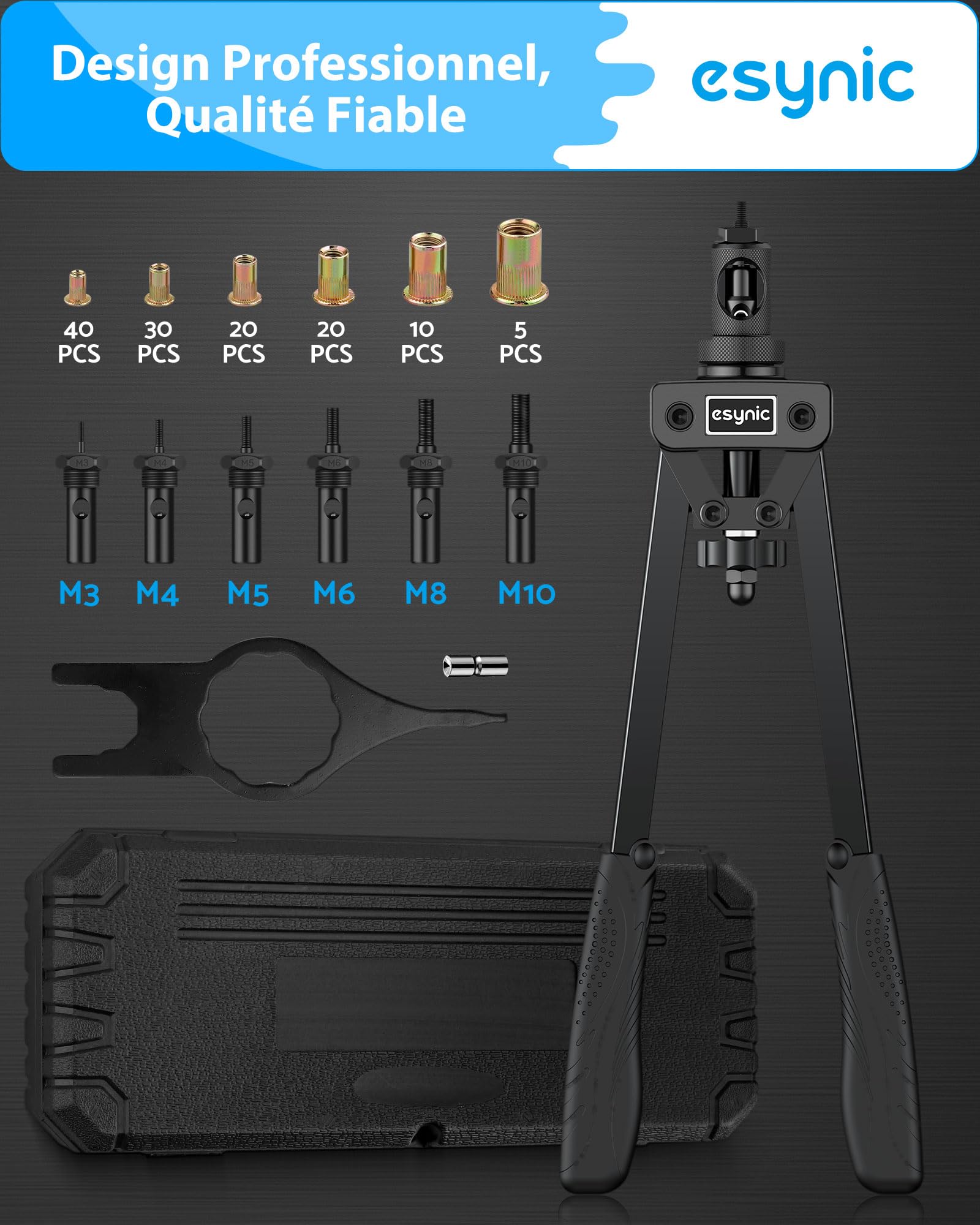 eSynic 14" Pince à Rivet Insert avec 6pcs Mandrins Métriques M3 M4 M5 M6 M8 M10 125pcs Écrous Pince à Insert Fileté avec Étui de Transport Kit de Pince à Écrou Fileté Économie de Main-d'œuvre - Noir
