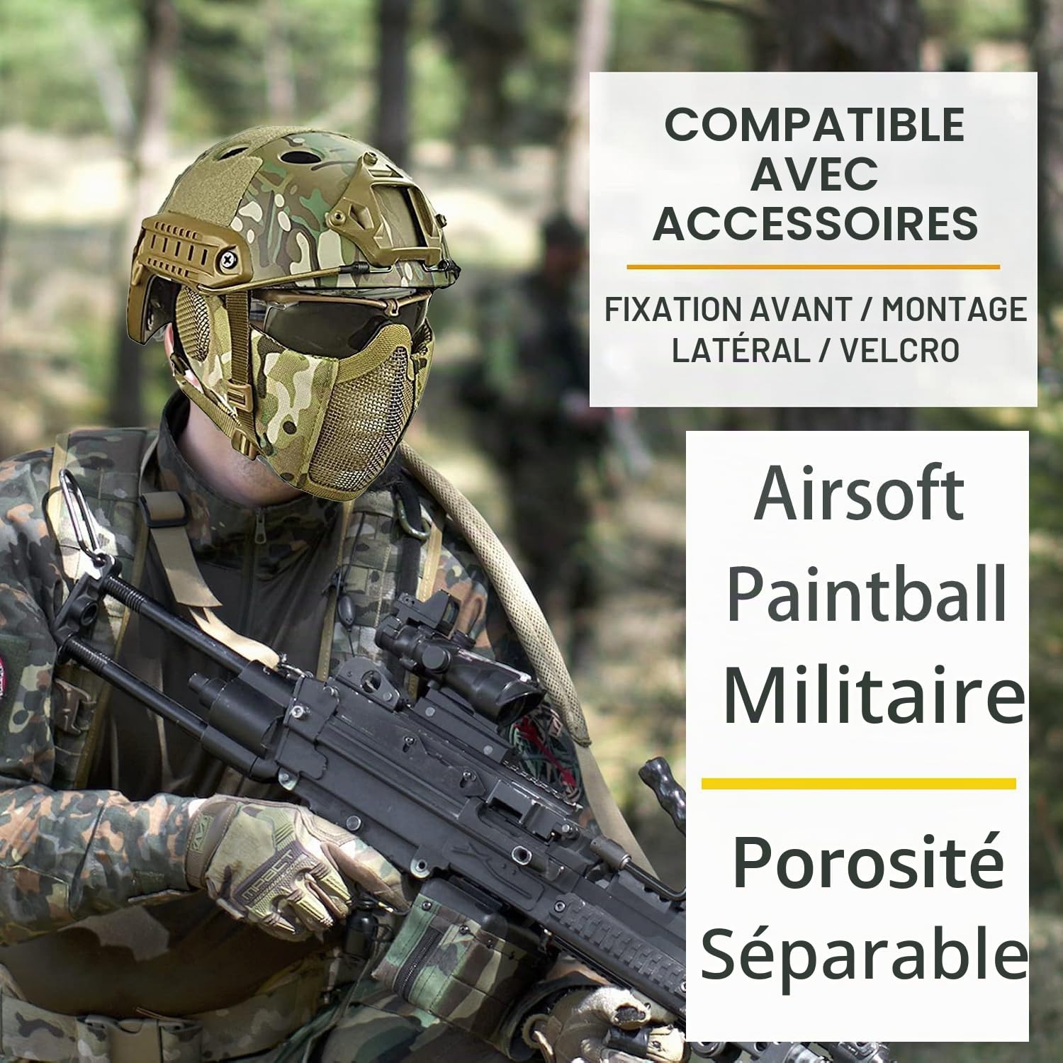 Casque Fast Tactique MH Combiné, avec Protection des Oreilles Pliable, Demi-Masque et Lunettes de Protection pour l'ensemble de Jeu Airsoft Paintball CS