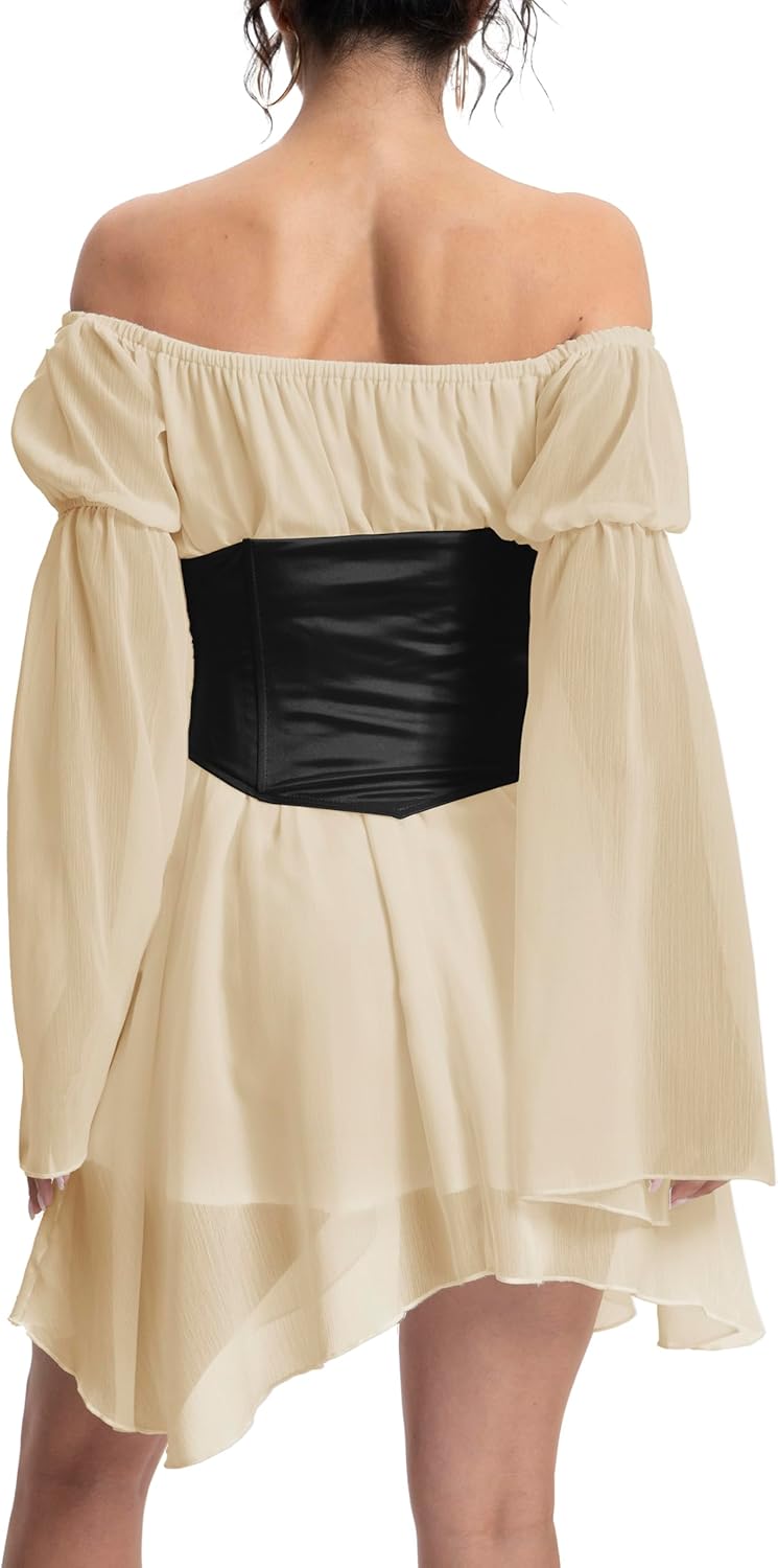 Womens Two Piece Corset Dress Off Shoulder Bell Sleeve Party Mini Fairy Bustier Dresses - Image 3