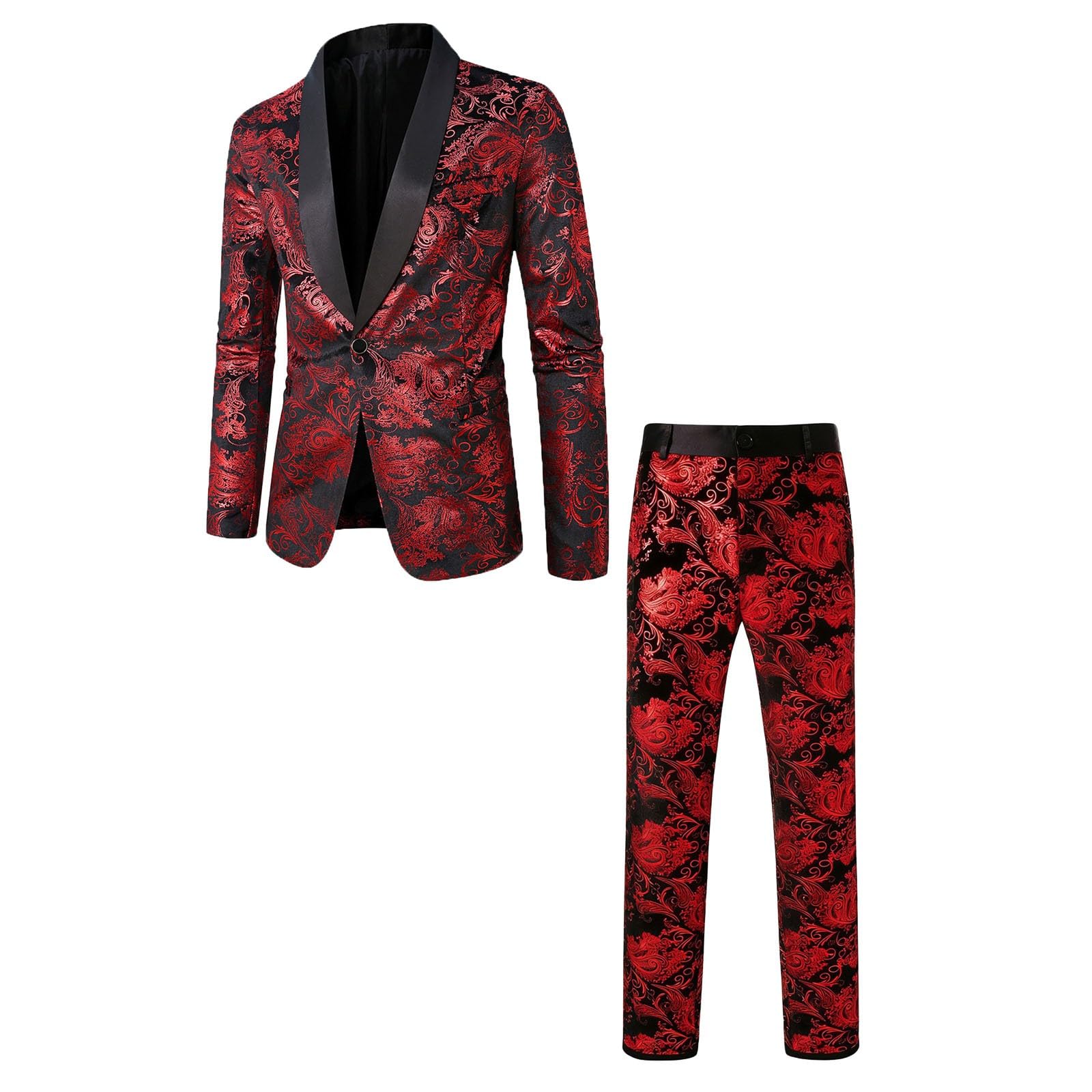 Generisch Tuta da uomo, 2 pezzi, classico, oro floreale, jacquard, slim fit, per matrimonio, ballo, smoking, casual, giacca e pantaloni, motivo cachemire, smoking, per matrimoni e feste