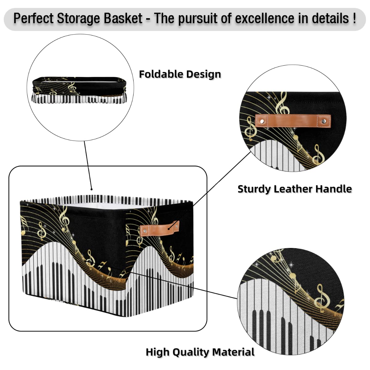 Piano Music Note Storage Basket Collapsible Storage Bins Large Fabric Organizer Storage Cubes Foldabe Storage Box with Handle for Shelf Home Closet Organziers