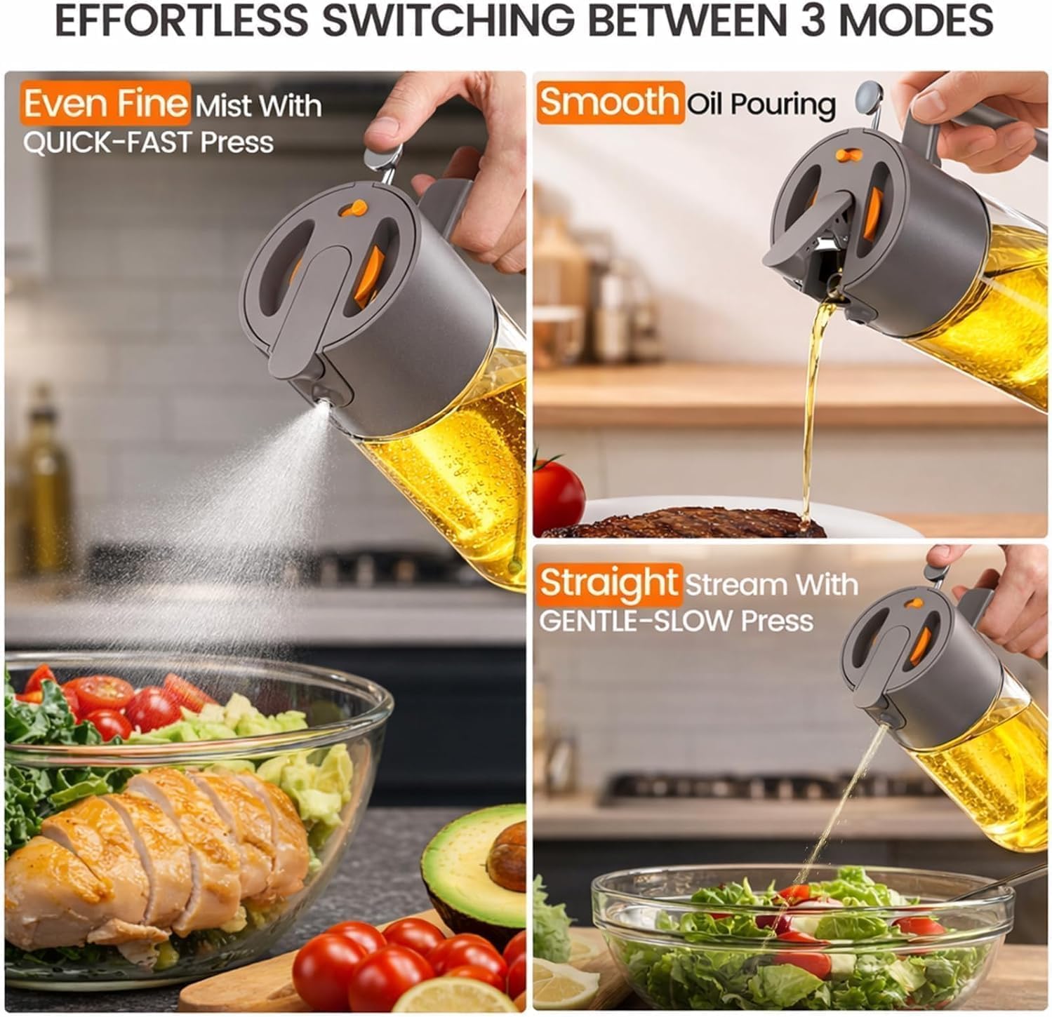 Oil Sprayer for Cooking, 2025 Large Advanced Olive Oil Dispenser Bottle,500ml/17oz Glass Olive Oil Sprayer,2 in 1 Even Spray with Portion Control for Kitchen, Air Fryer, Salad, BBQ - Gray