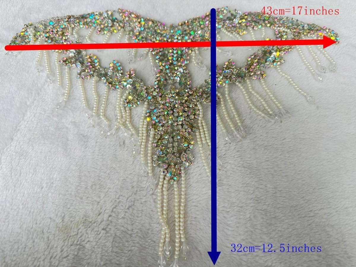 Handmade Crystal on lace Applique Sewing Rhinestones Fringe Beads Sequins Patches Trim Luxury Decoration Accessories for Wedding Dress 17X12.5inches (Red)