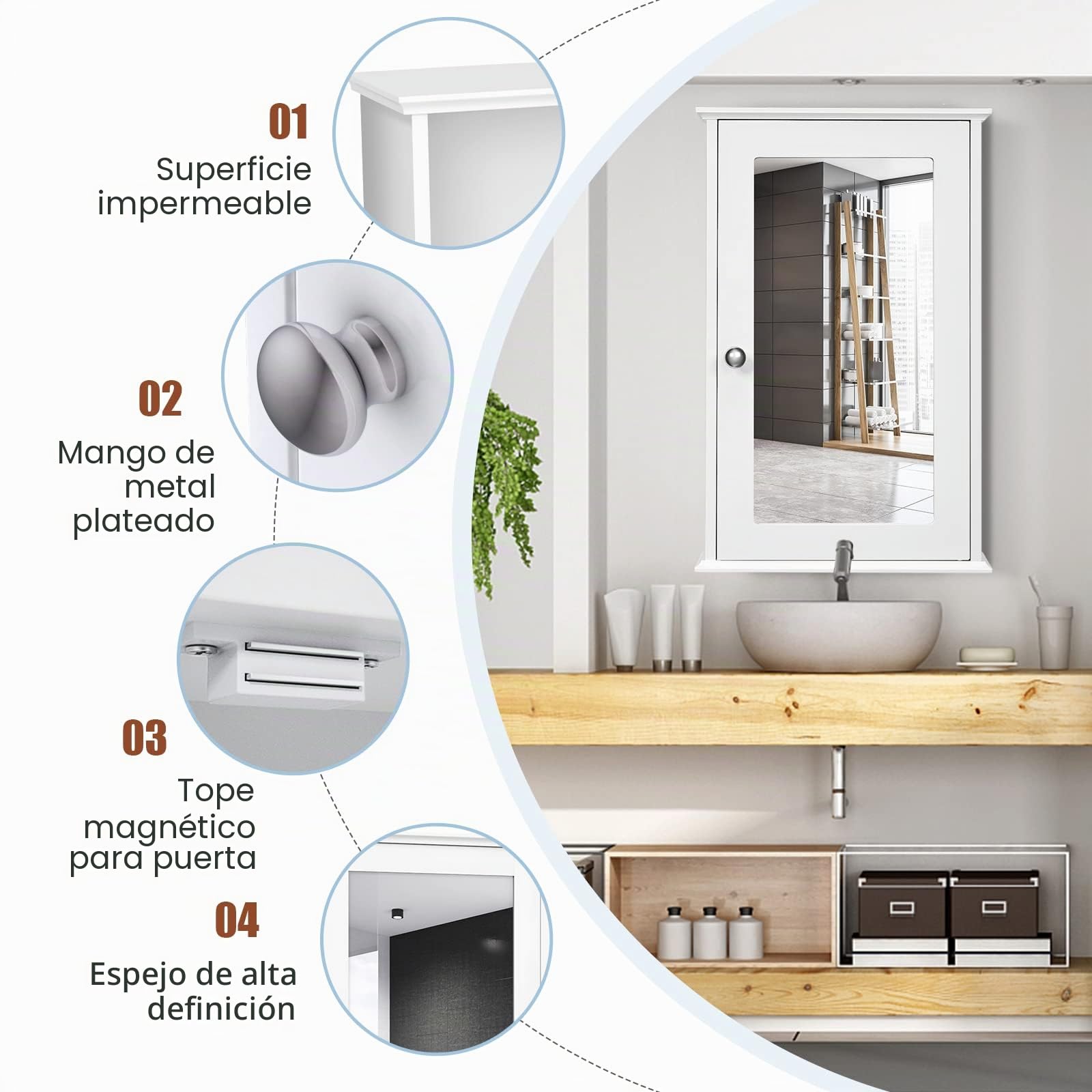 GIANTEX Armario de Pared con Espejo, Mueble de Baño Colgante con Espacio de Almacenamiento, Estante Interior Ajustable, 34 x 15 x 53 cm (Blanco)