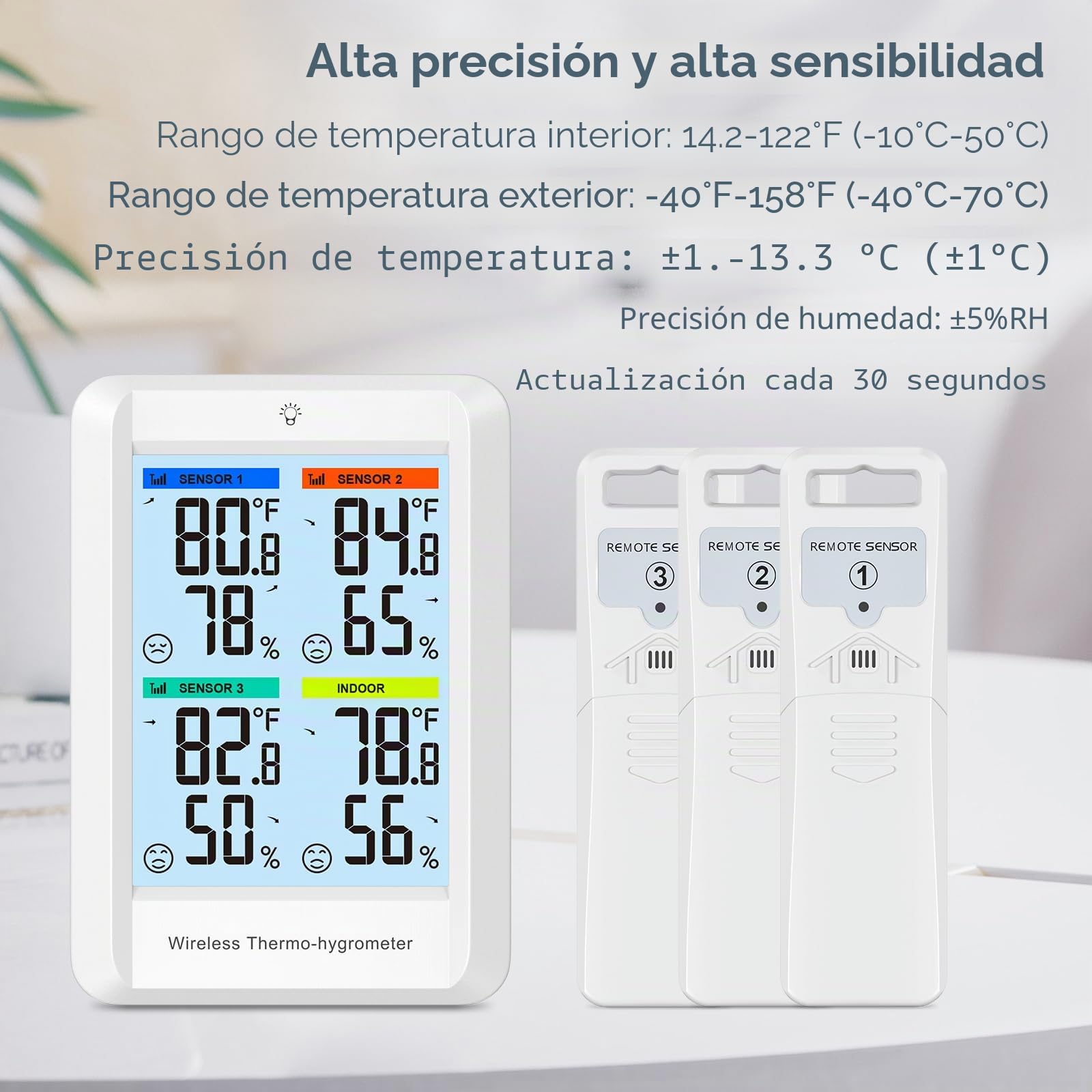 Estación Meteorológica Digital, Termómetro Higrómetro Digital con Pantalla Grande de 4 pulgadas, Termómetro para Interior y Exterior con 3 Sensores Remotos, Blanco