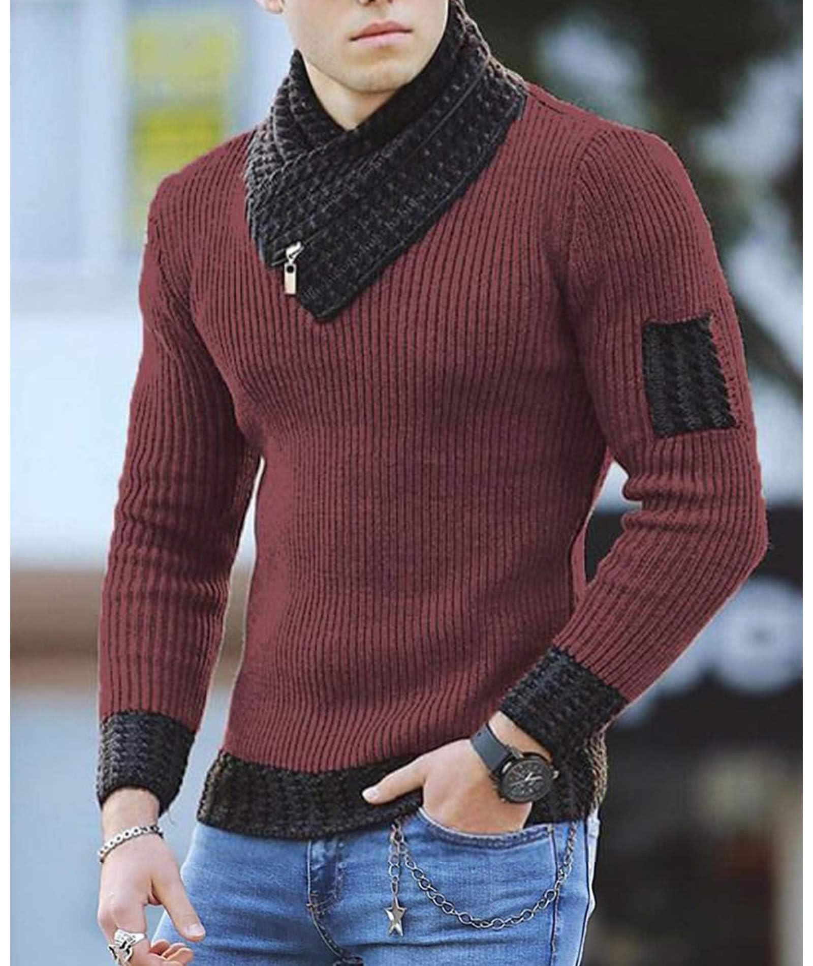 SOMTHRON Maglione da uomo lavorato a maglia a collo alto con collo a scialle slim fit a maniche lunghe invernale