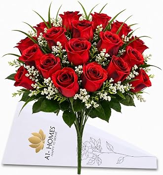 Artificial Roses, 42cm Fake Flowers for Decoration, Grass Bush with Gyp & Foliage 24 Red Roses Heads, Red Artificial Flowers for Outdoor & Indoor Events Wedding Party Home Decoration by A1-Homes