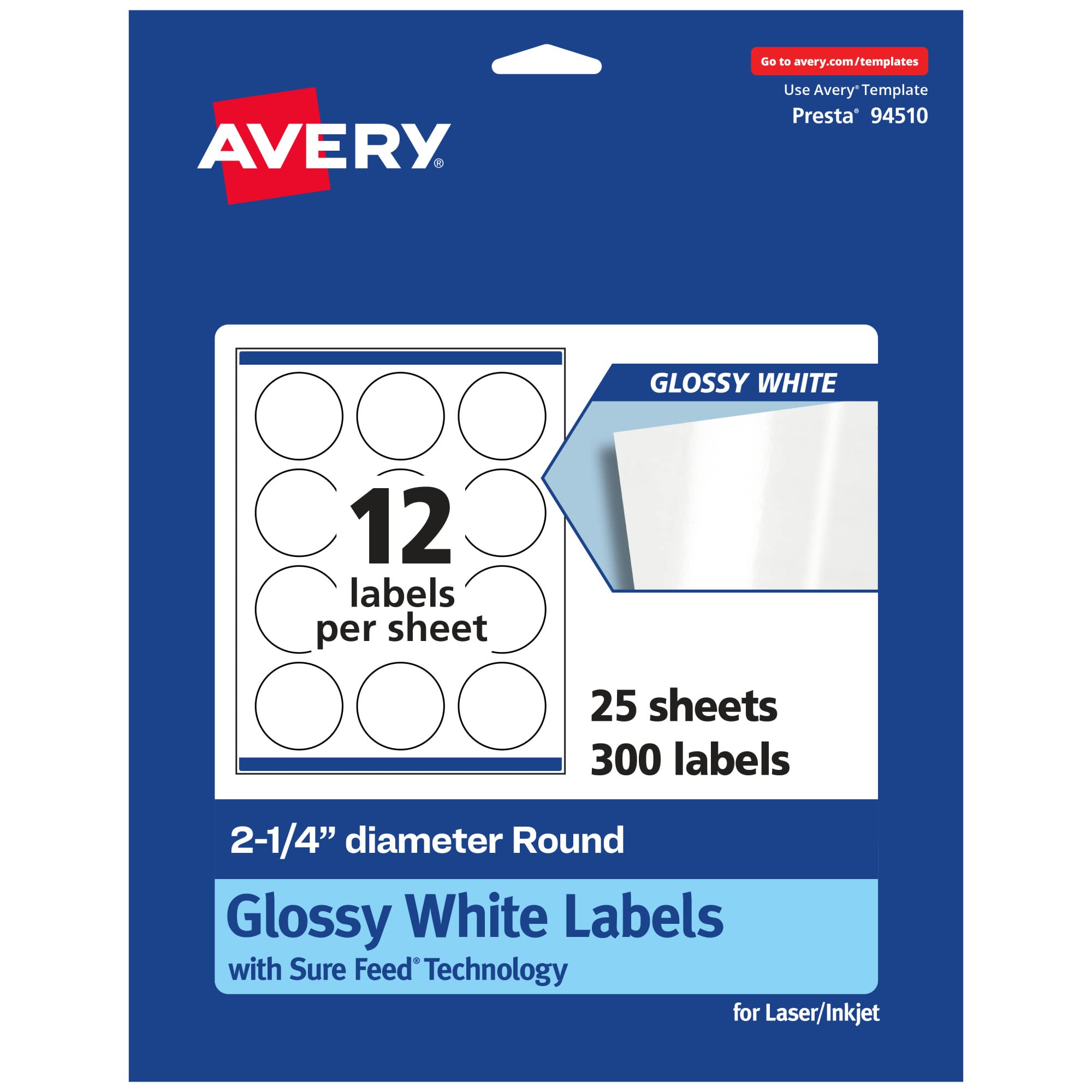 Avery Glossy White Round Labels, Sure Feed Technology, 2.25" Diameter, 300 Glossy White Labels, Print-to-The-Edge, Permanent Adhesive, Laser/Inkjet