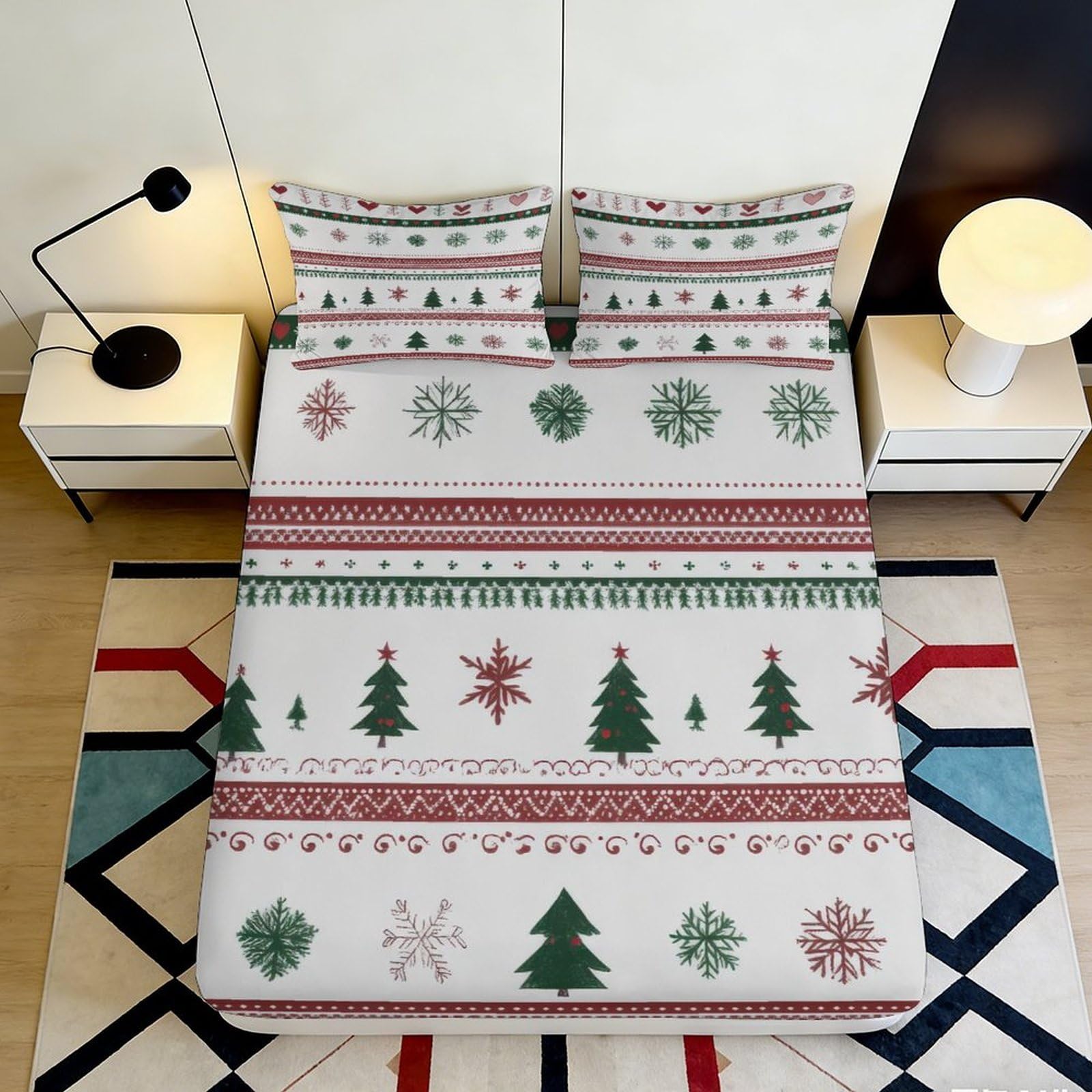 3D Printed Christmas Tree Fitted Sheet Microfiber Soft Breathable Snowflake Bed Cover for Bedroom Dormitory Guest Room Mattress Protection Decor 140x200x25cm