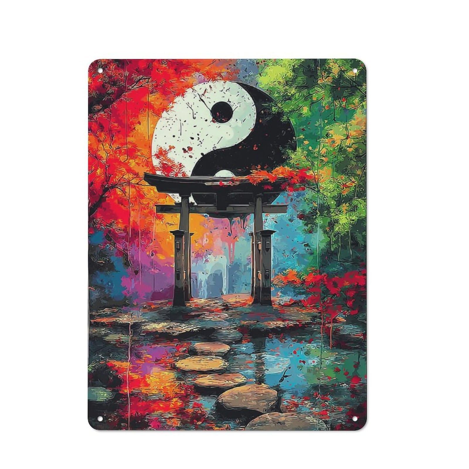 Junmoney Yin-Yang Symbol In Autumn Forest Tin Wall Plaque 40X30cm With For Dining Room Or Kitchen, For Collectors Decorating Kitchens And Dining Spaces