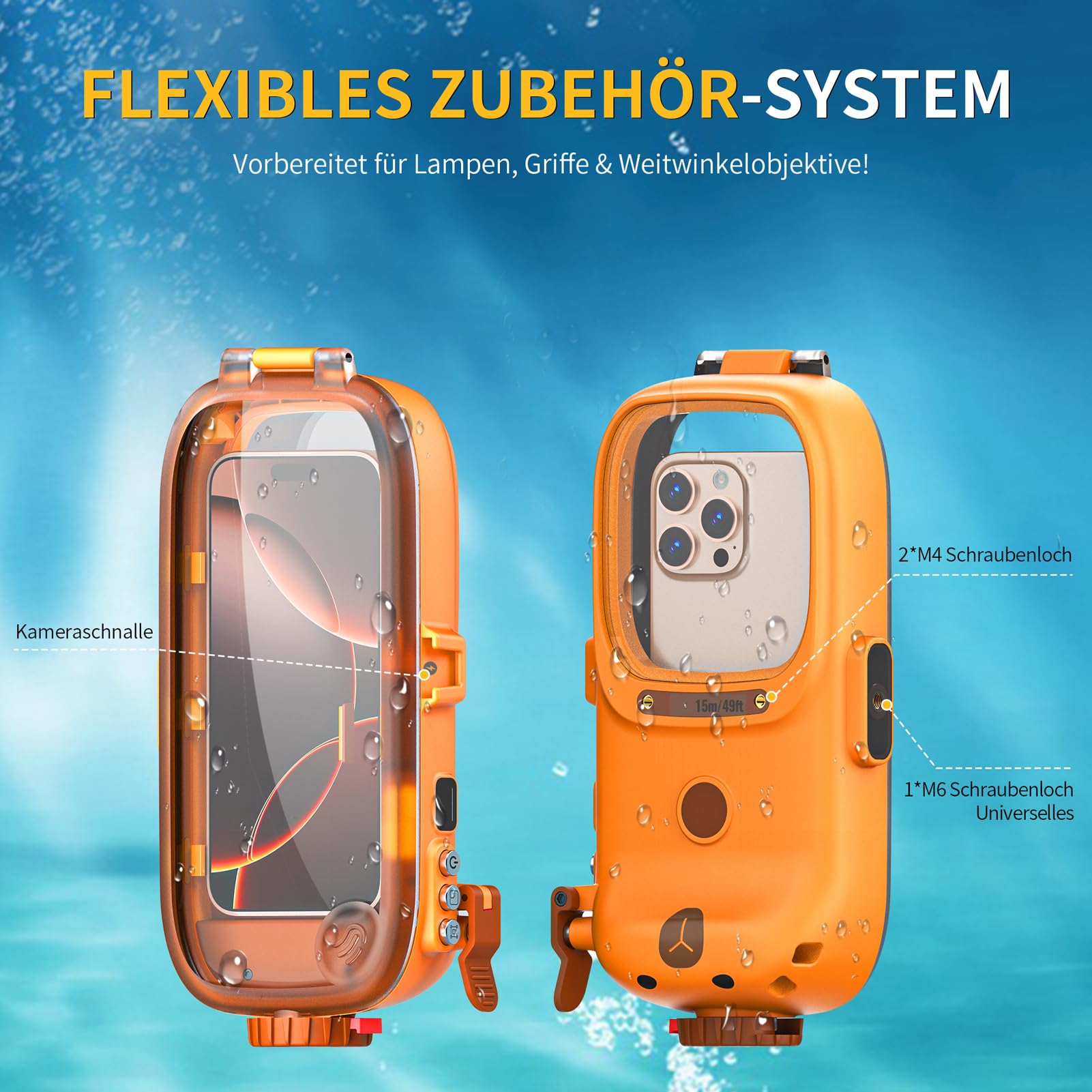 Lanhiem wasserdichte Handyhülle 15M Universelle IPX8 Tauchen Professionelle, kompatibel mit Bluetooth, Unterwasser Hülle für iPhone Samsung XiaoMi Redmi Google und Smartphones 4,7–6,9 Zoll, Orange