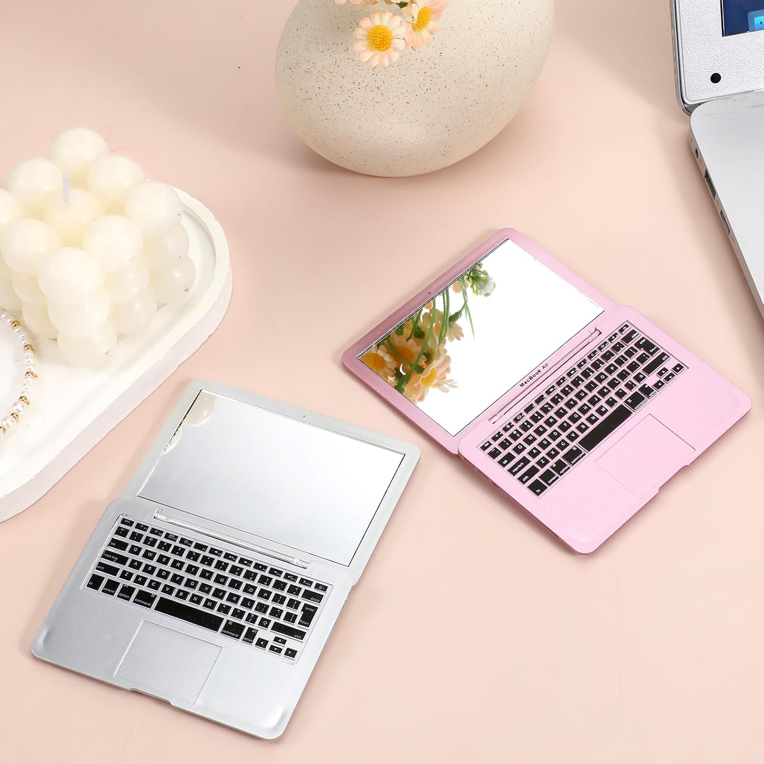 Mini Laptop Mirror, 2 Pcs Mini Compact Mirror Pocket Size Laptop Shaped Makeup Mirrors Portable Small Folding Computer Mirrors for Travel Home Makeup Decoration Dollhouse Pet (Silver, Rose Gold)