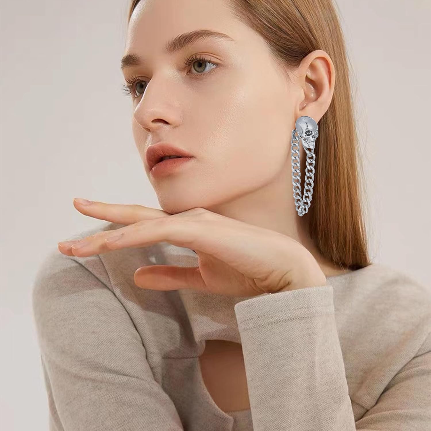 Gothic Skull Chain Stud Earrings for Women Men Vintage Ghost Skull Skeleton Tassel Drop Dangle Earrings Statement Jewelry - Image 3