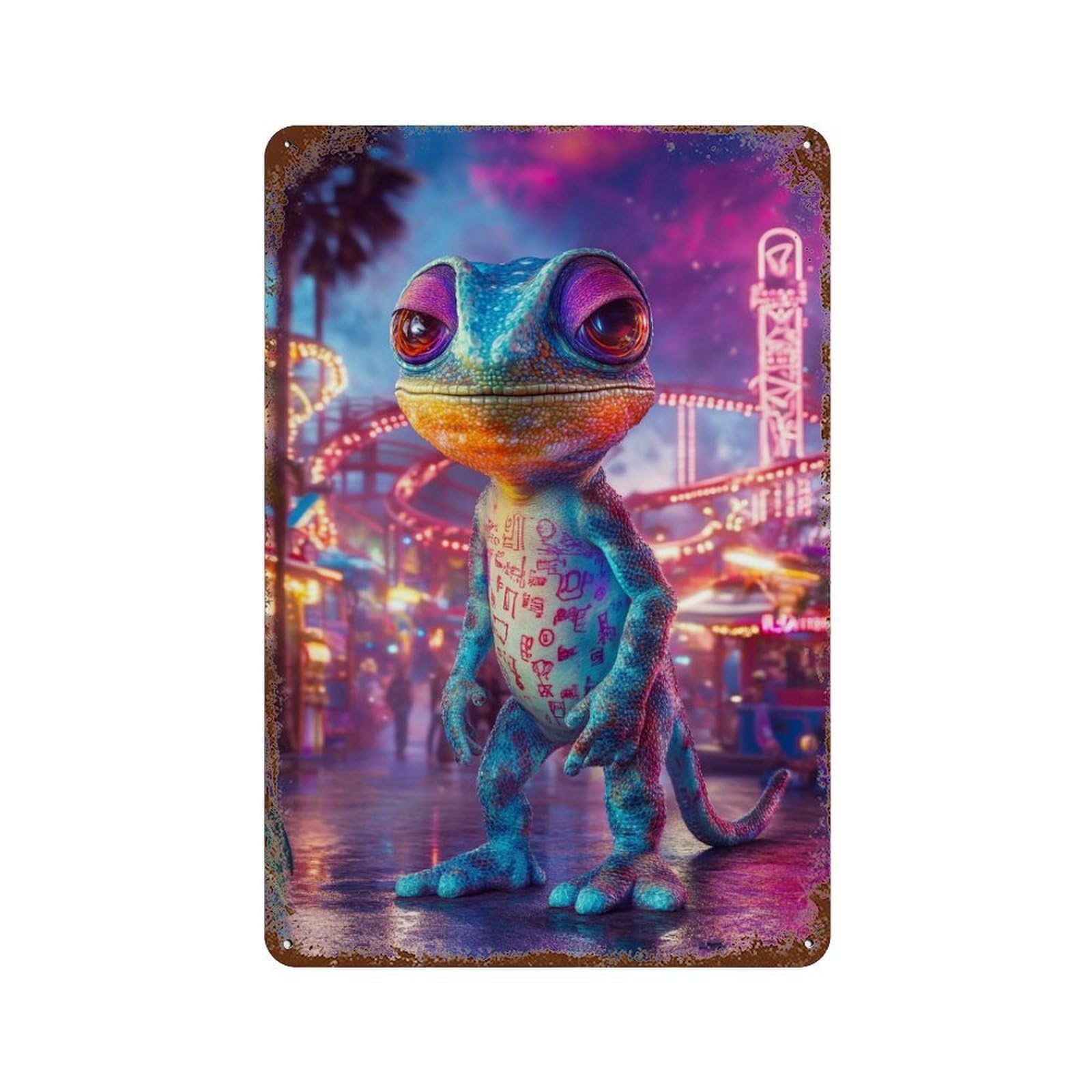 Colorful Lizard in Fantasy Land 11.8"x7.9" Vintage Rust Metal Sign, Novelty Wall Decor for Living Room, Hallway And Home Decor