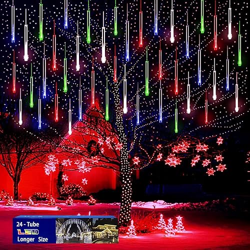 Miniatura 7 de Luces de Navidad para Exteriores: 24 Tubos (Equivalente a 3 Juegos de 8 Tubos) Luces de Lluvia de Meteoros Purtuemy Luces Blancas de Carámbanos de
