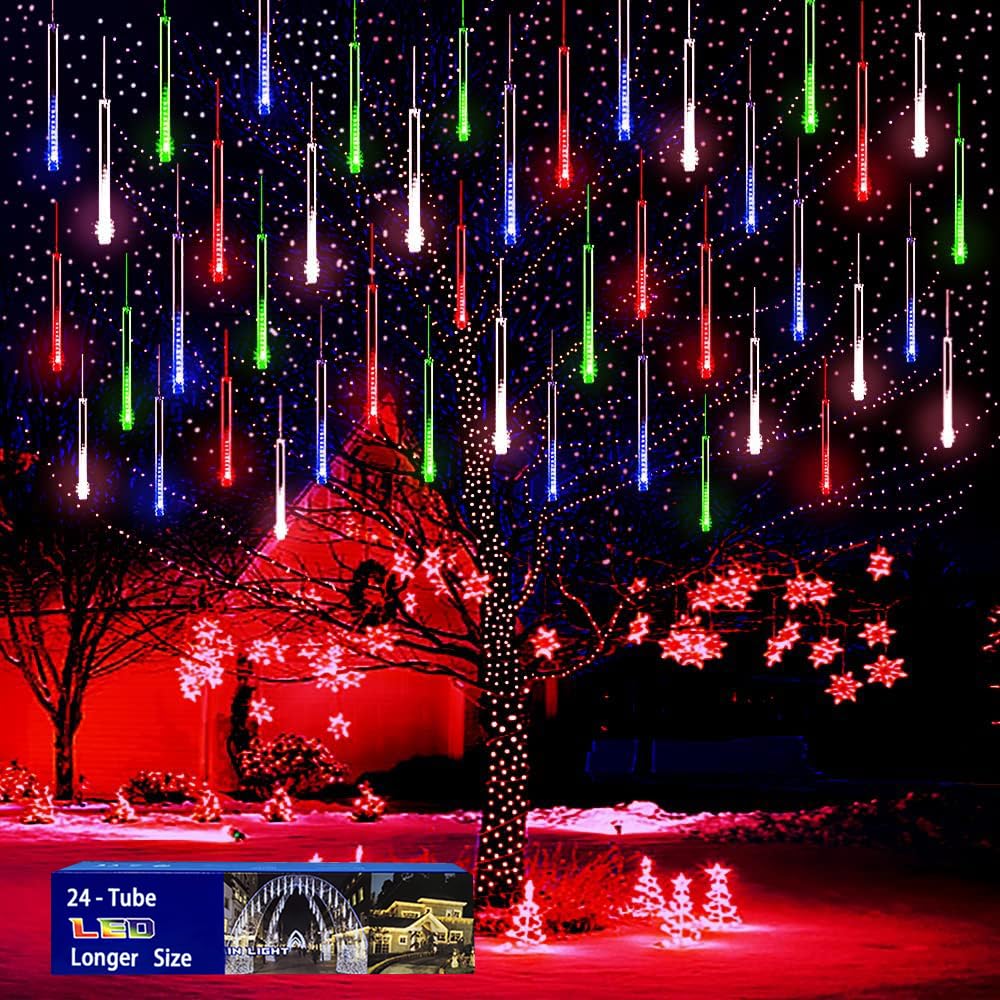 Purtuemy Decoraciones navideñas al aire libre: luces de lluvia de meteoritos para exteriores, 24 tubos (equivalente a 3 juegos de 8 tubos) luces de Navidad de carámbano para Halloween, Navidad, patio