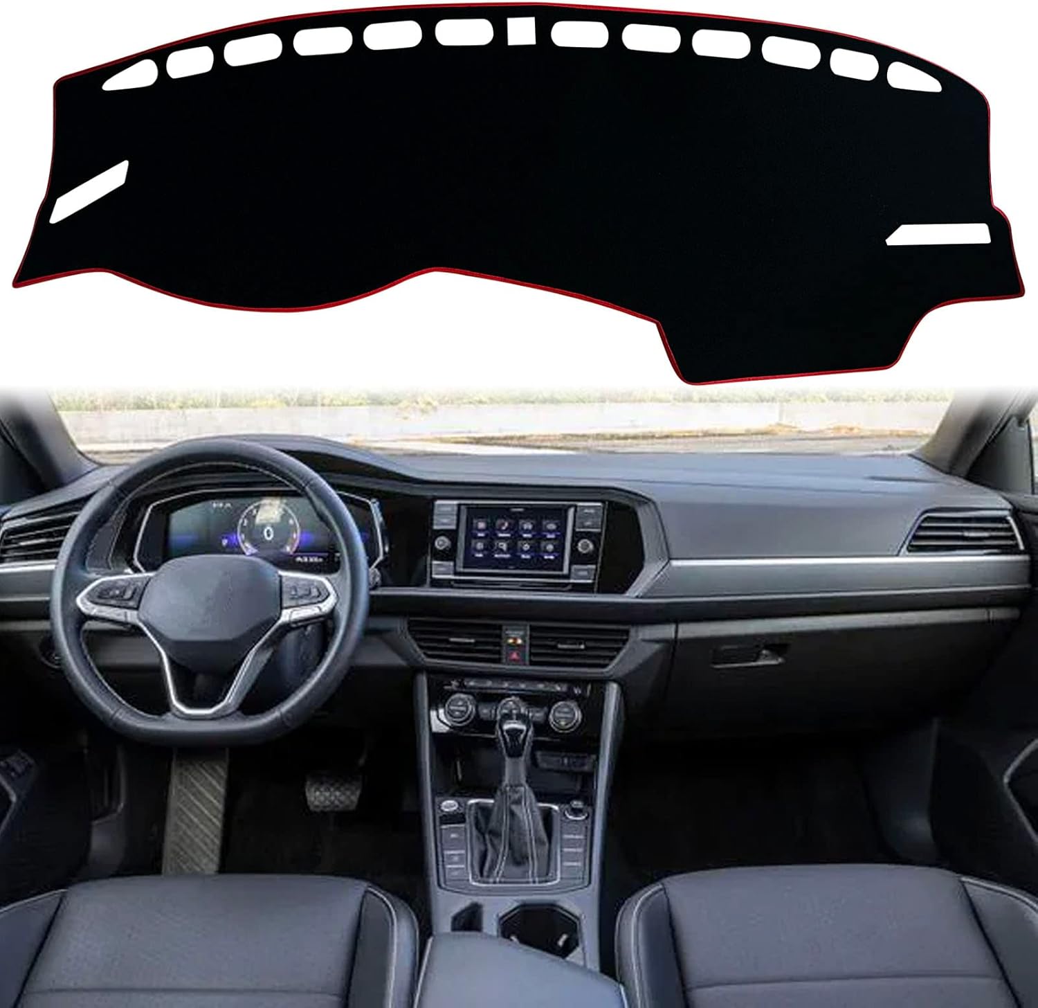 Dash Mat Cover Interior Dashboard Protection pad Compatible with Volkswagen Jetta Sedan S SE R-Line SEL SEL Premium 2019 2020 2021 2022 2023 Sunshade Glare UV Rays Protector (Red Trim)