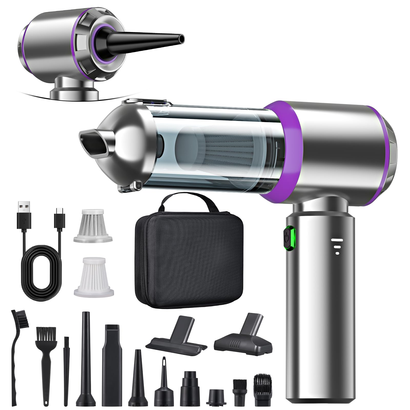 Aspiradora de mano con batería, 4 en 1, aspiradora de mano inalámbrica, 22000 PA, ganador de prueba, 3 marchas, 200000 rpm, mini aspiradora para coche, cocina, PC, sofá, oficina y limpieza de pelo de