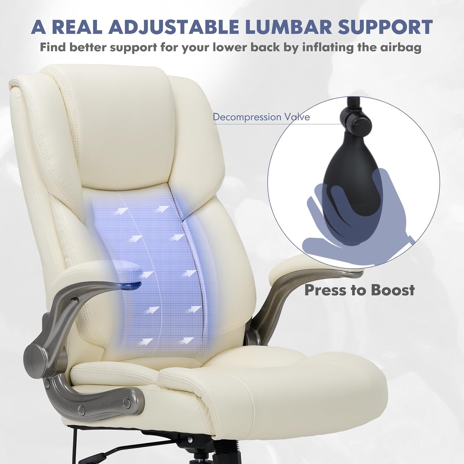 COLAMY High Back Executive Office Chair- Ergonomic Home Computer Desk Leather Chair with Padded Flip-up Arms, Adjustable Tilt Lock, Swivel Rolling Chair for Adult Working Study-Ivory - Image 3