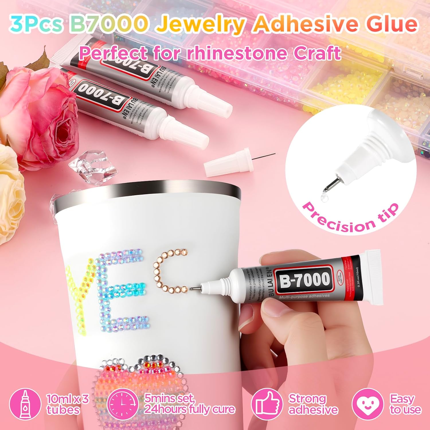 Zefy 40 Colors Resin Jelly Rhinestones for Bedazzling, 5mm 10000 Pcs Flatback Gems for Crafting, Bedazzling Kit with 3Pcs B7000 Glue for Clothing Shoes Nail Book Diamond Art - Image 3