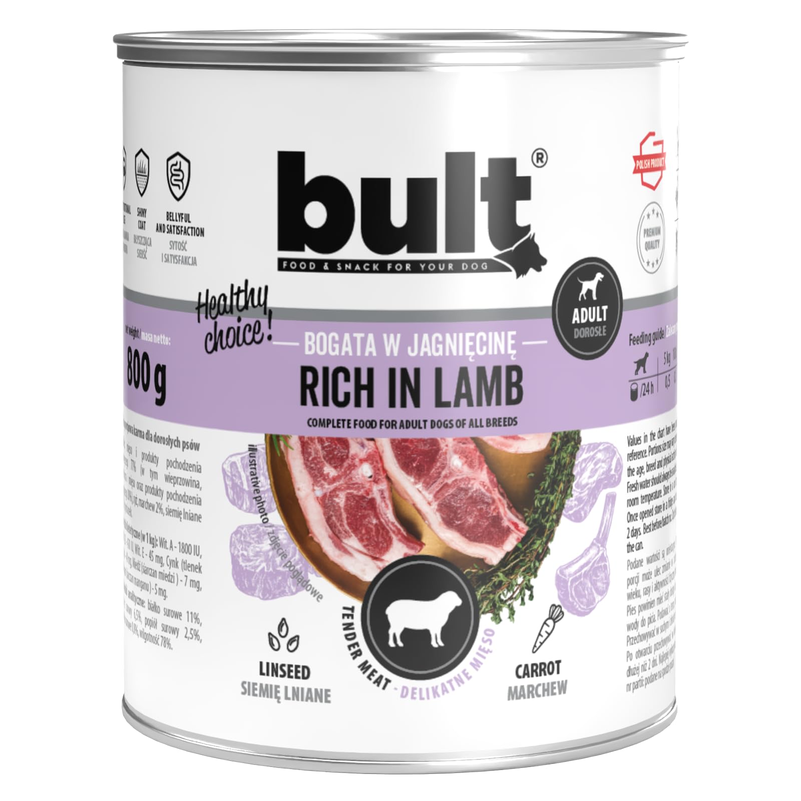 BULT Mokra Karma dla Psa Mix Smaków Dorsz Dziczyzna Indyk Jagnięcina Kaczka Wołowina 800g dla Dorosłych Psów Puszka bez Konserwantów z Siemieniem Lnianym 24 Sztuki