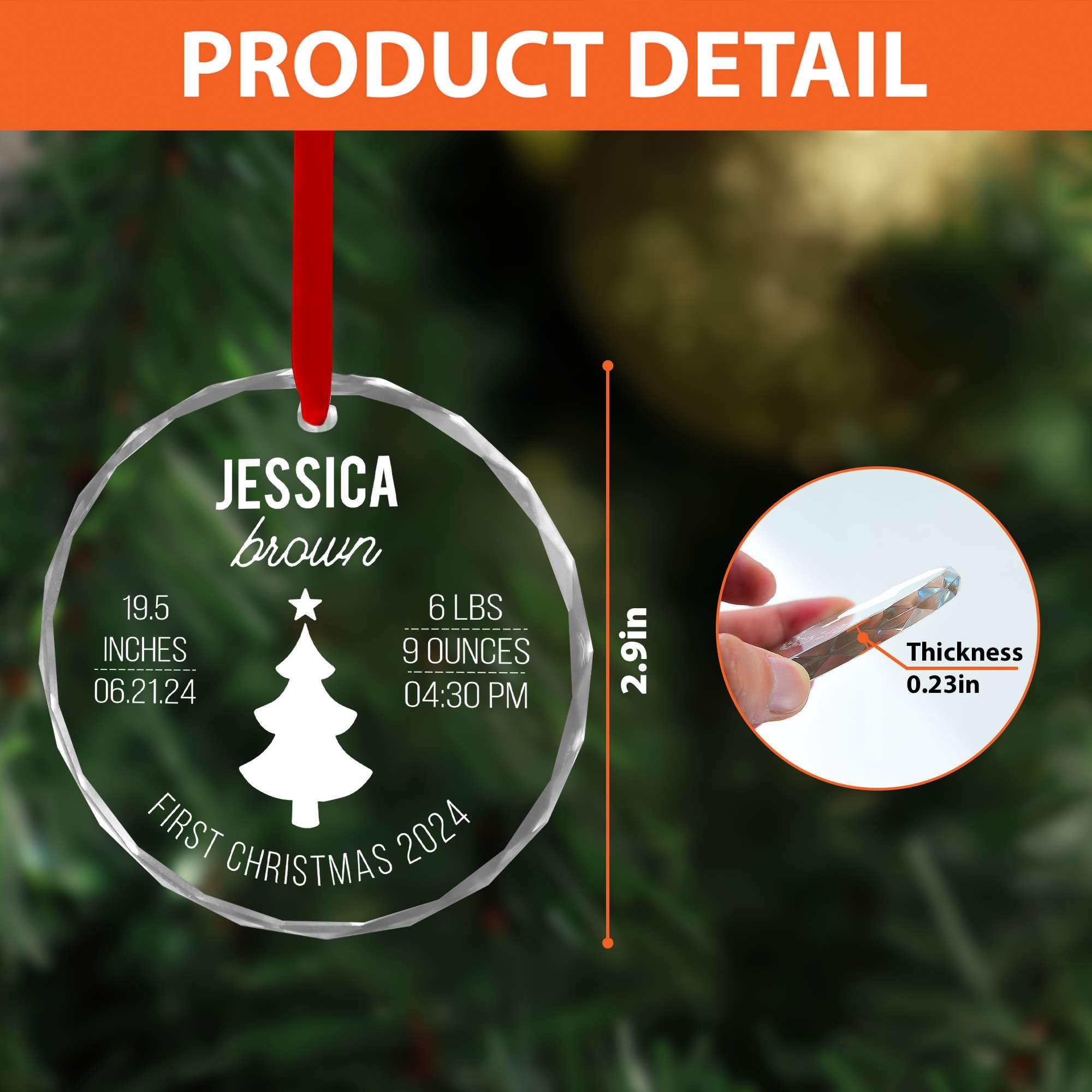 Personalized Baby's First Christmas Crystal Ornament - 2024 Custom Baby Weight Inches Time Date, Pregnancy Newborn Boy, Girl Keepsake, 1st Xmas Hanging Decoration, New Babies Shower Decor Ornaments