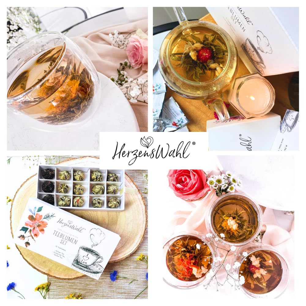 HerzensWahl Coffret cadeau de fleurs de thé - 15 fleurs de thé blanc, thé vert et thé noir dans une boîte à thé - Kit de dégustation de fleurs de thé pour les amateurs de thé avec boîte cadeau