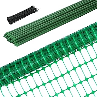 Ohuhu Plastic Garden Fence Safety Fence, 3.4'x100' Reusable Garden Fence Roll with 25Pcs 4FT Thicker Stakes, Temporary Fencing for Animal Barrier Construction Snow Fence Poultry Rabbits Chicken Dogs