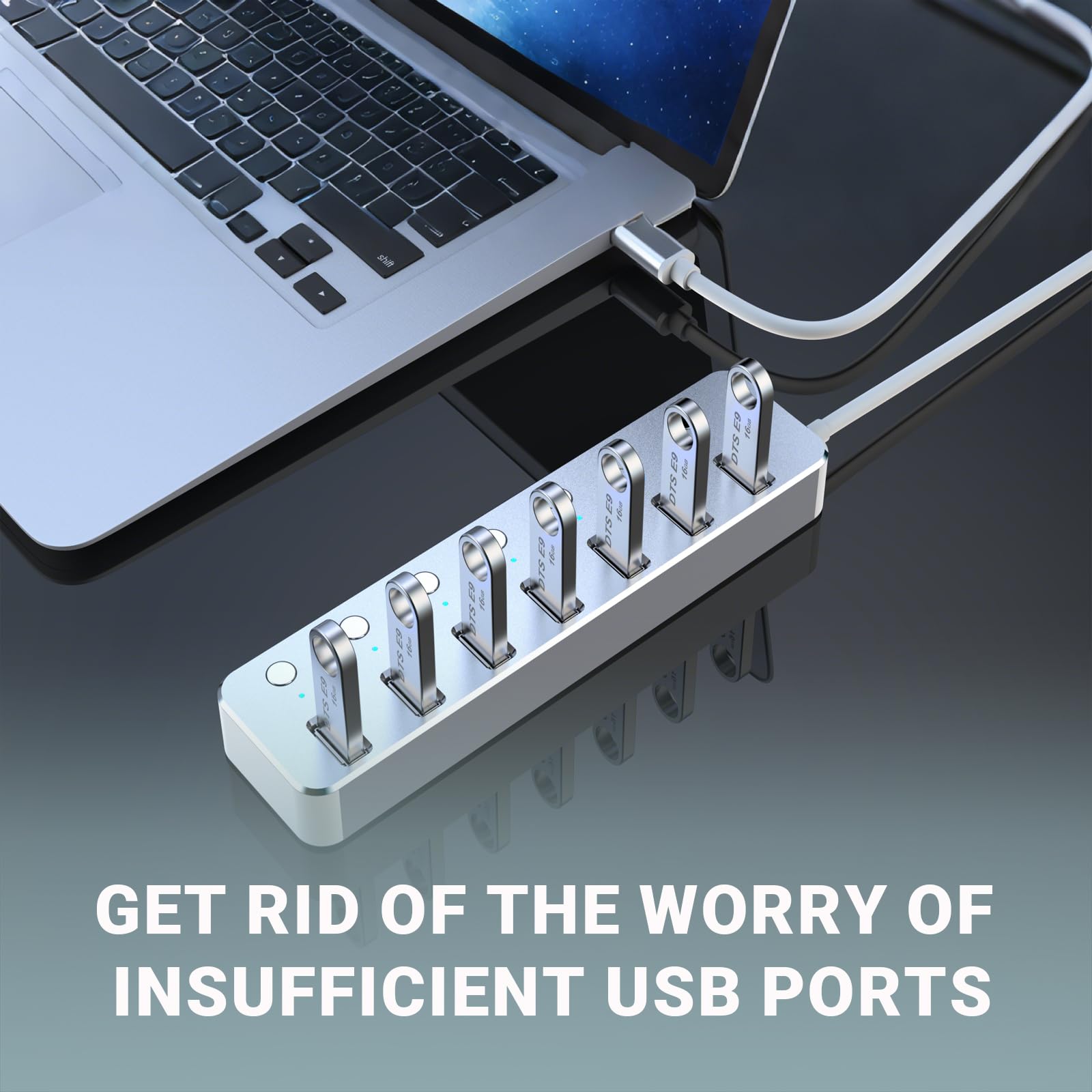 Hub USB 3.0 à 7 ports avec câble de 0,6 m de long en aluminium pour ordinateur portable et PC avec interrupteur marche/arrêt individuel et indicateur LED