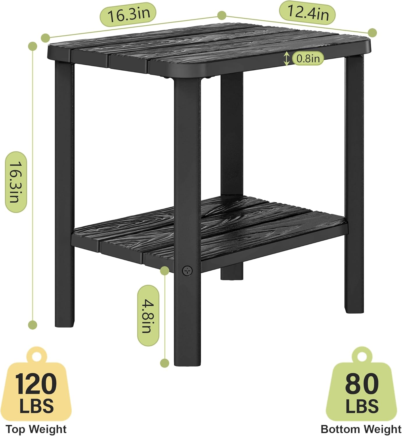 KAMABOKO HDPE Outdoor Side Table, 2-Tier Adirondack End Table Wood-Like Grain 16" Waterproof Square Storage Tables for Patio Pool Backyard Lawn and Indoor(Black)