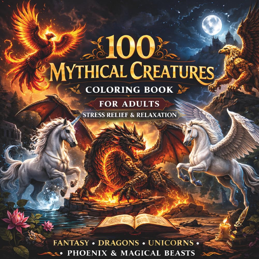 100 Mythical Creatures Coloring Book for Adults: Stress Relief & Relaxation: Fantasy Dragons, Unicorns, Phoenix & Magical Beasts | Intricate Designs for Mindfulness, Calm &Creativity