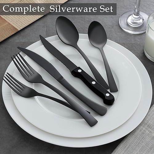 Miniatura 6 de APEO Juego de cubiertos de 24 piezas negro mate con cuchillos para carne, juegos de cubiertos de acero inoxidable para 4, juego de cubiertos pulidos