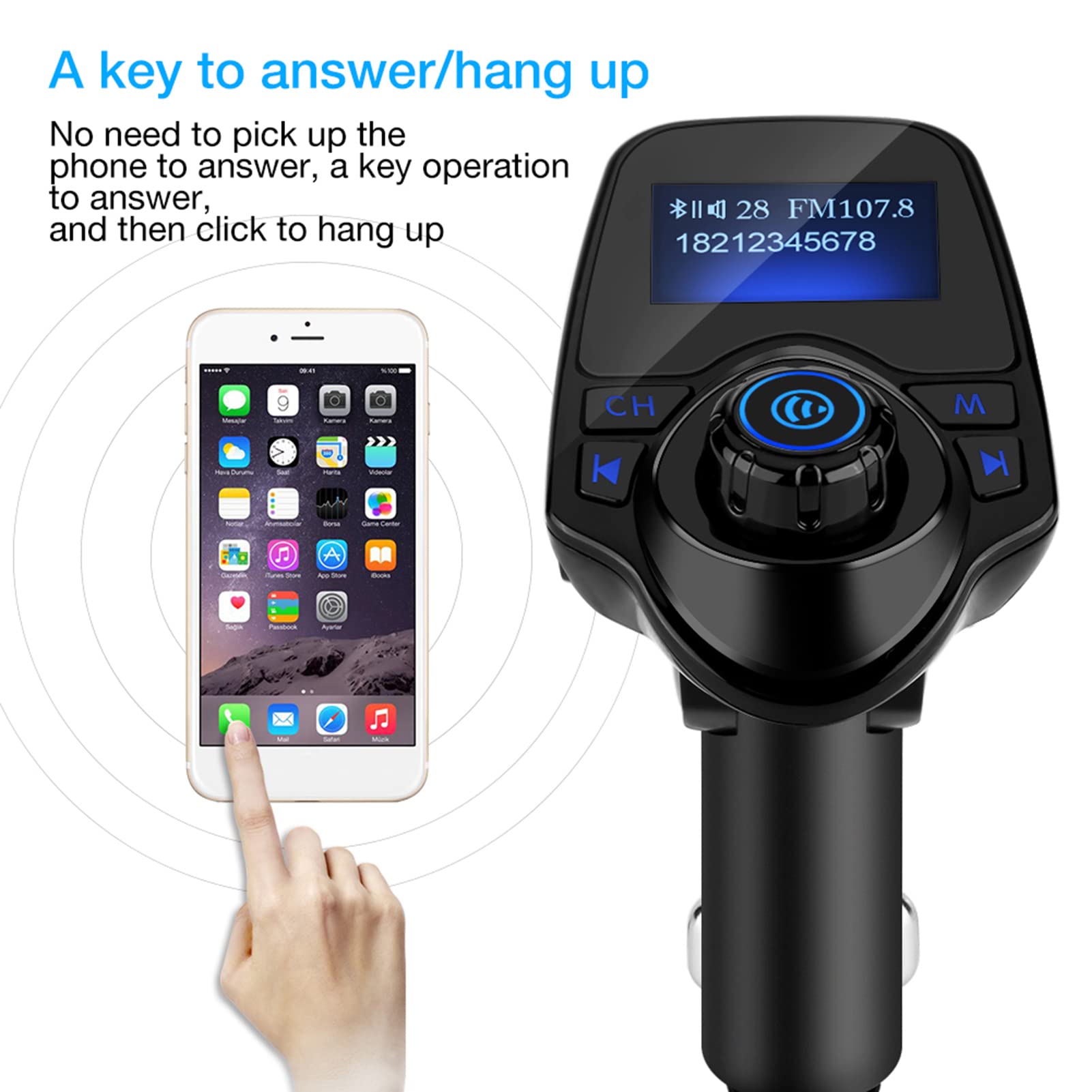 T11 Trasmettitore FM Bluetooth Auto Wireless Kit Vivavoce MP3 Player con Ricarica USB 5V 2.1A AUX In Out per Chiamate Musica Guida Quotidiana