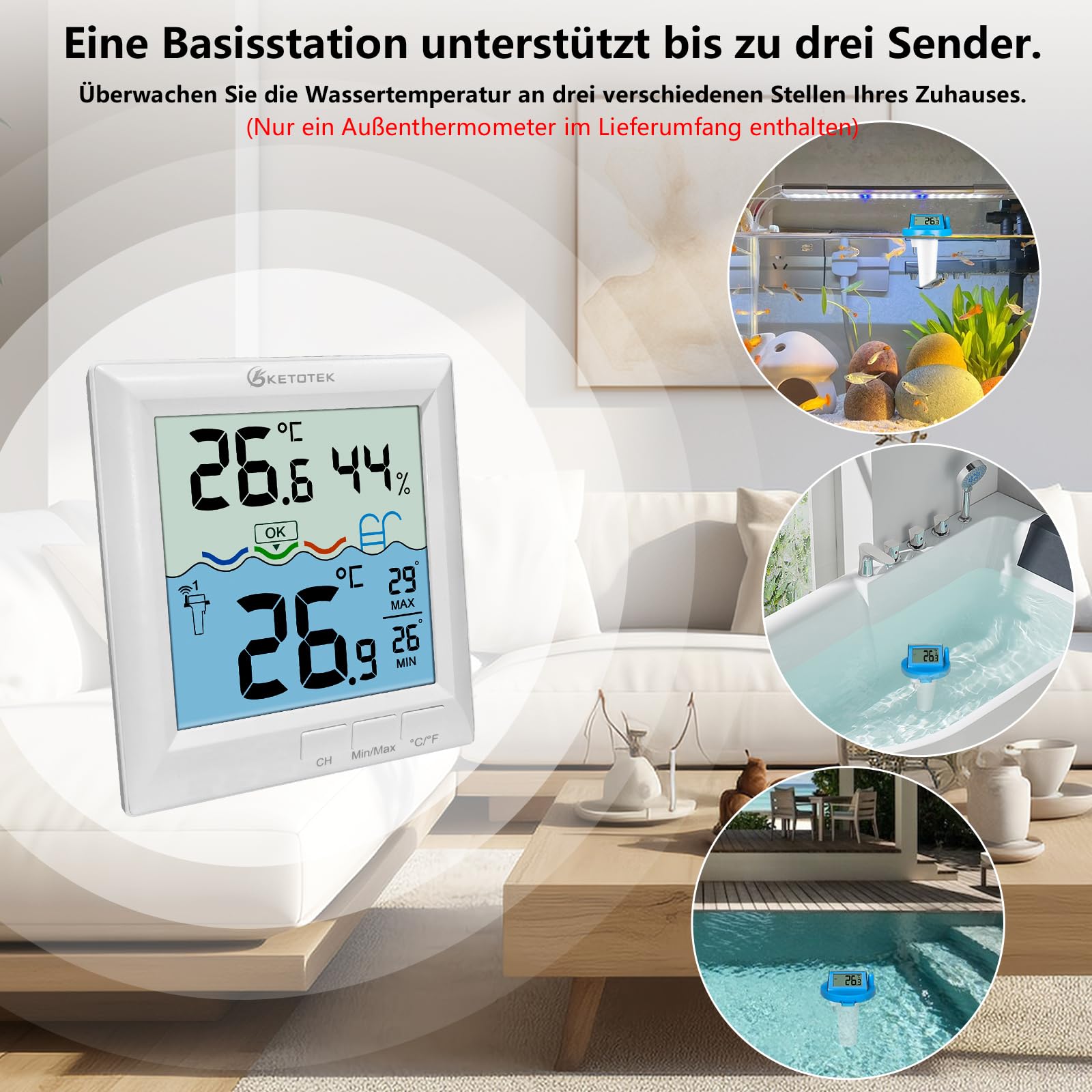 KETOTEK Poolthermometer Funk Schwimmendes Digitaler Wassertemperaturmesser für Schwimmbad, 60m Reichweite, IPX8 wasserdicht Präzises Thermometer für Badewanne, Teich, Aquarium