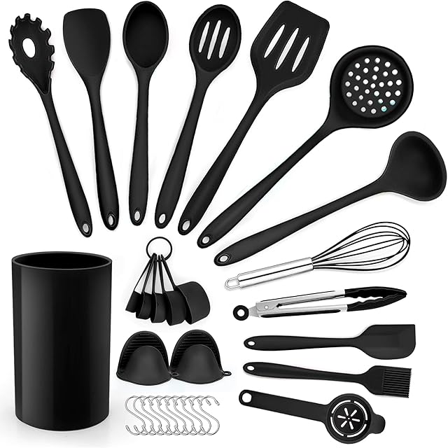 Herogo Silicone Kitchen Utensil Set, 30 Piece Cooking Utensils with Holder, Heat Resistant Kitchen Tools Set for Non-Stick Cookware Pans, Turner Spatula Whisk Tong 10 Hooks, Dishwasher Safe - Black
