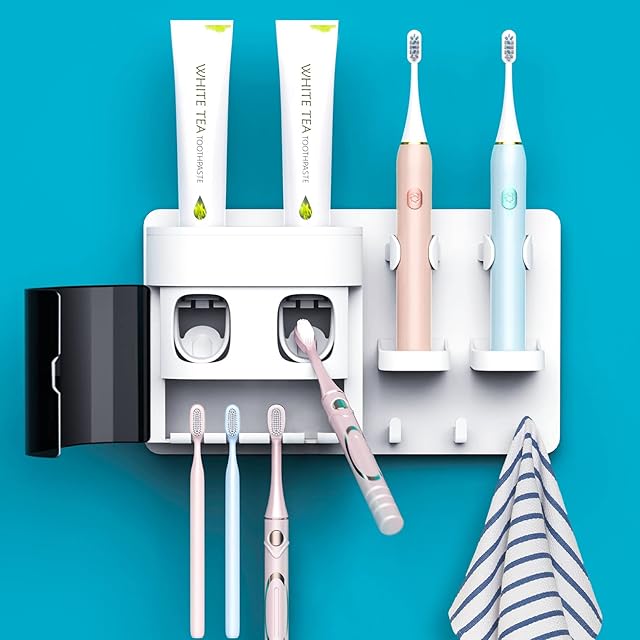 Electric Toothbrush Holder Wall Mounted, DENSAIL Automatic Toothpaste Dispenser with Dust-Proof Cover and 2 Toothpaste Squeezer, 2 Electric Toothbrush Holders and 4 Toothbrush Organizer Slots