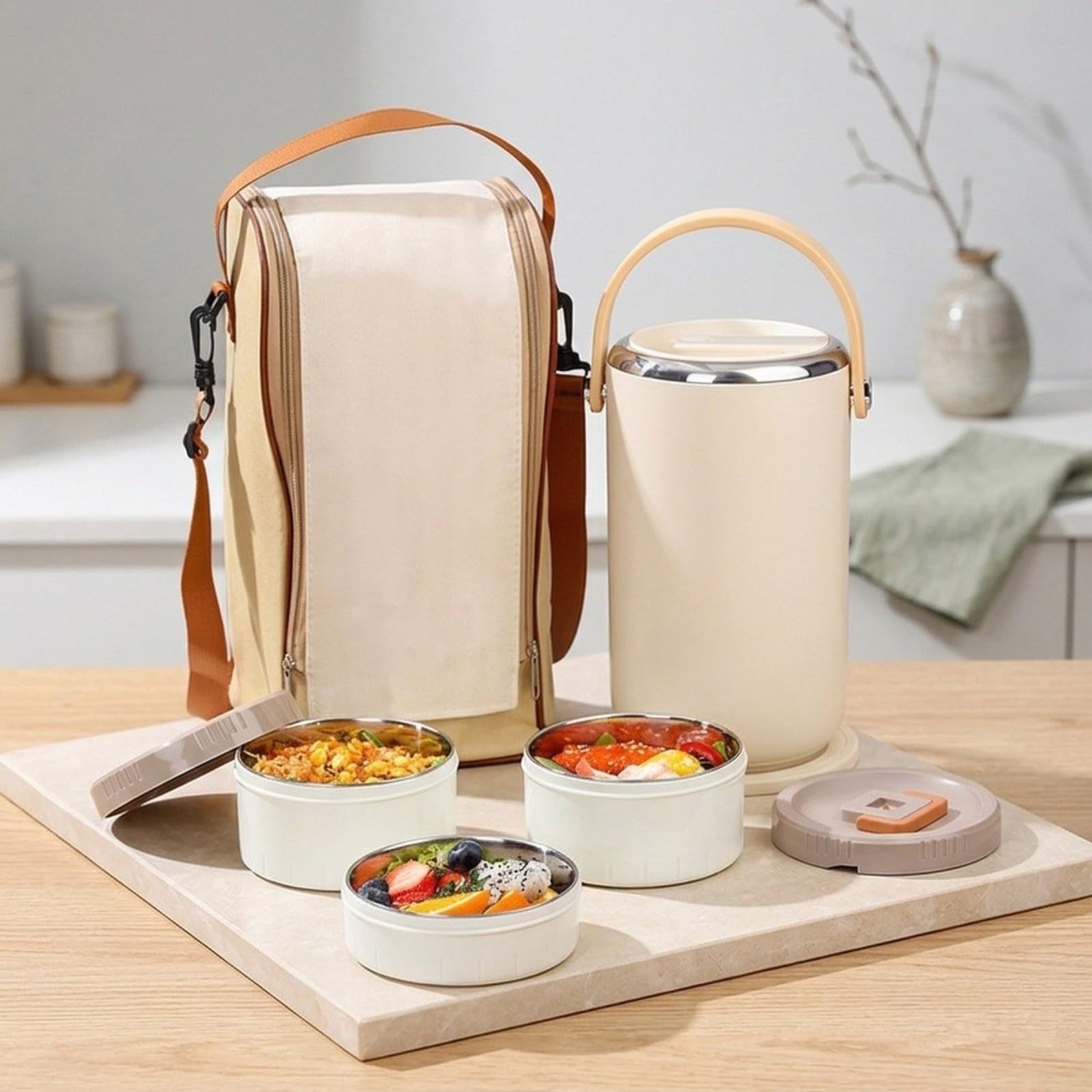 Lonchera de acero inoxidable de 3 niveles aislada al vacío, contenedor de alimentos fríos y calientes de 8 horas, juego a prueba de fugas con bolsa de transporte (morado)