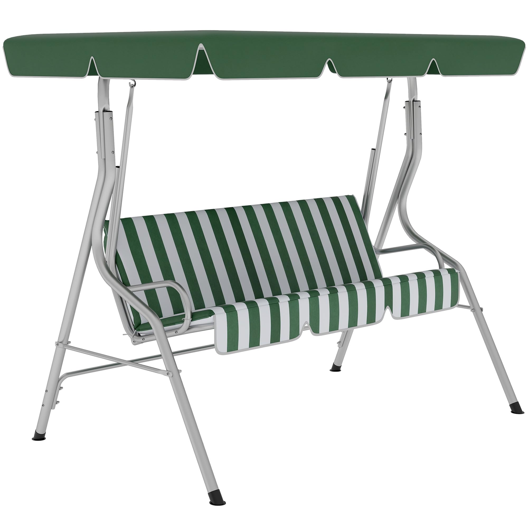 Outsunny Balancelle de Jardin 3 Places, balançoire extérieure Toit Inclinaison réglable, Motif à Rayures, avec Coussins Assise et Dossier, 1,7 x 1,1 x 1,53 m, métal Polyester, Vert