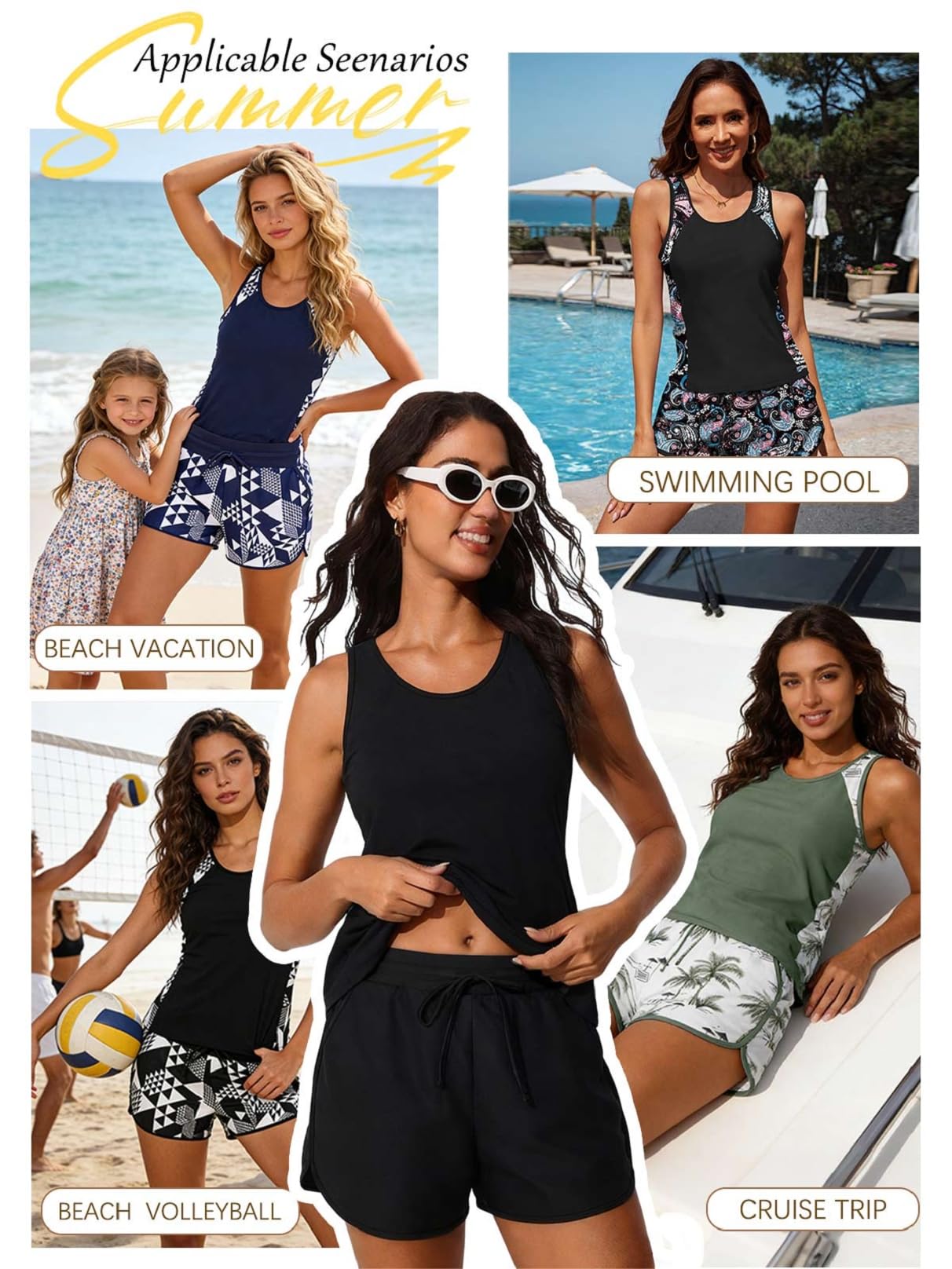 CheChury Tankini Set Taille Haute Maillot de Bain Deux Pièce Push Up Sexy Tankini Gainant Ventre Plat Maillot de Bain Femme 2 Pieces avec Short Grande Taille Maillots Deux Pièces Sport Bikini Set