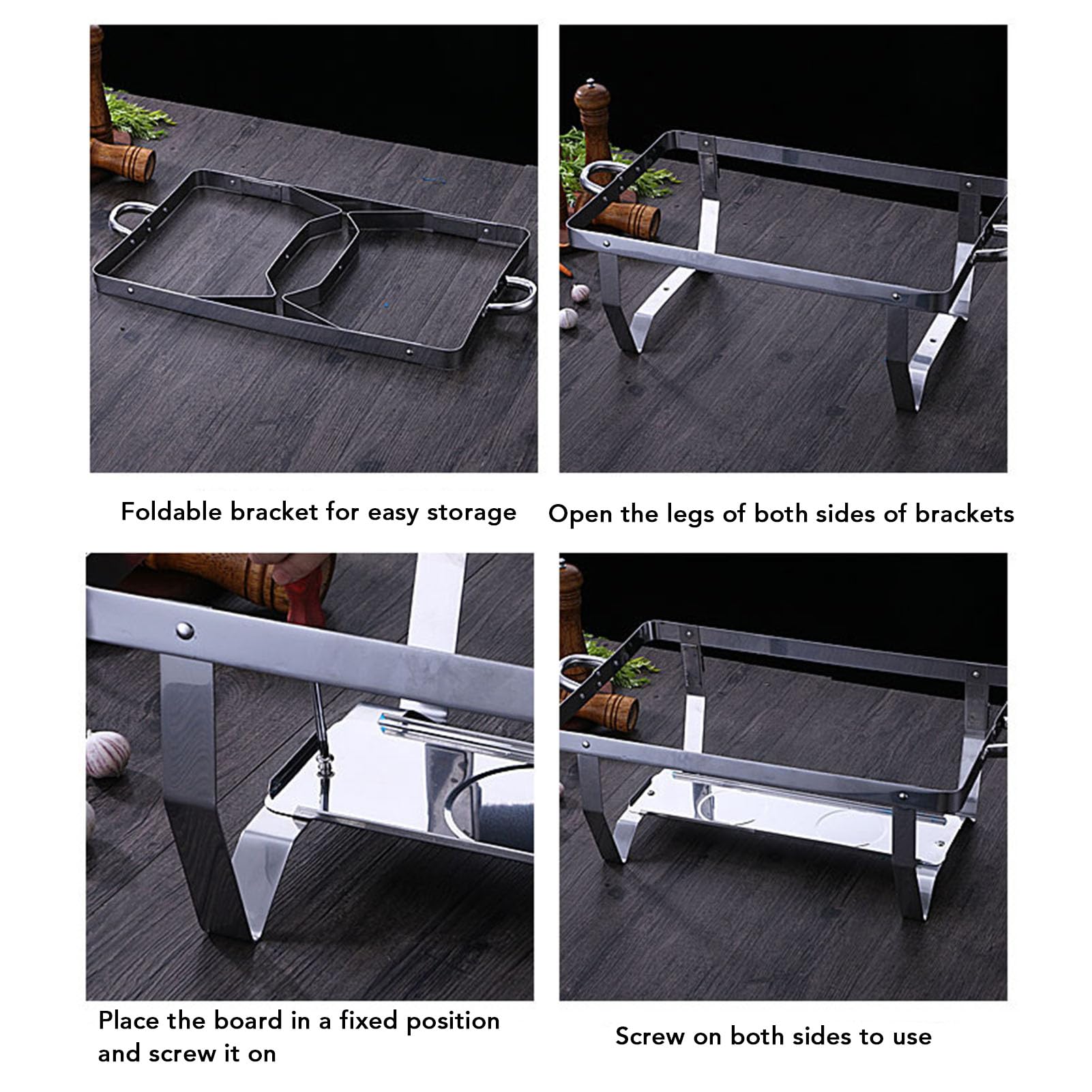 Brrnoo Juego de Calentador de Catering de Acero Inoxidable de 9 Cuartos, Plato de Buffet con Bandeja Completa Plegable y Soporte de para Fiestas, Bodas, Eventos Al Aire Libre (Cuadrícula doble)