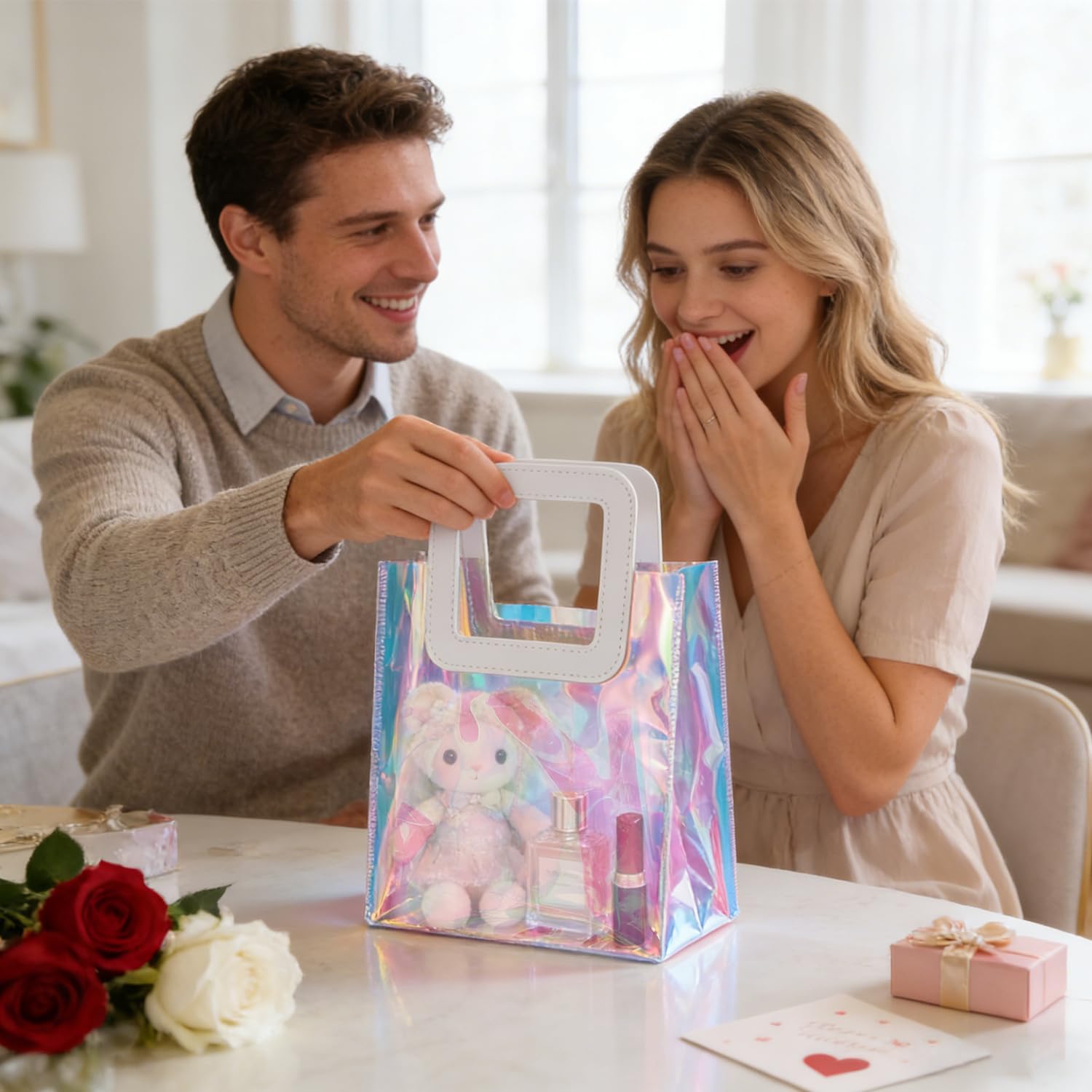 GcFoir Small Iridescent Gift Bags with Handles,15 Pcs 8.3''x8''x4'' Holographic Bachelorette Party Favor Bags, Clear Gift Bags with Handles, Reusable PVC Tote Goodie Bags for Shopping, Baby Showers