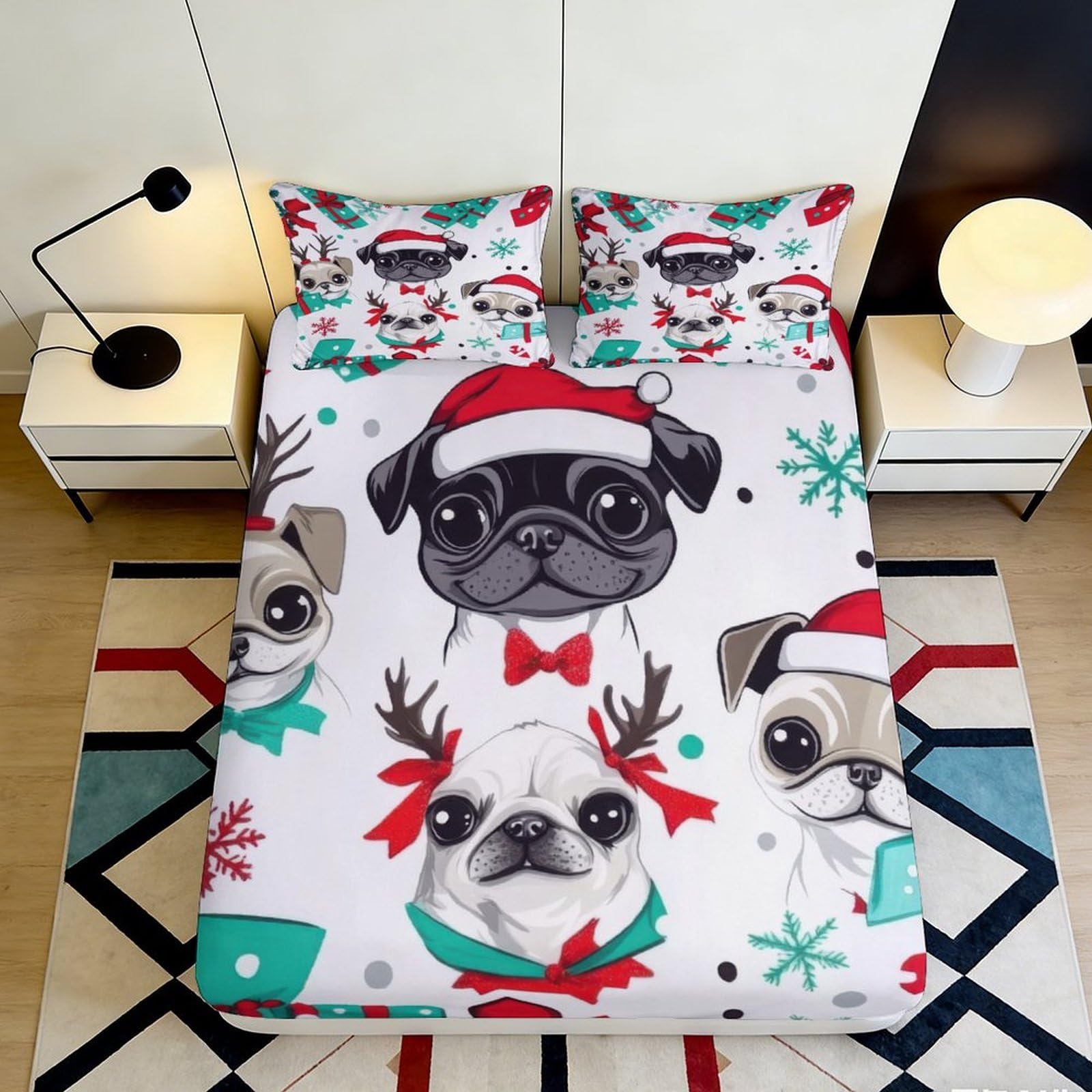 3D Printed Christmas Pug Fitted Sheet Microfiber Soft Bed Cover for Bedroom Dorm Mattress Protection Decor 160x200x25cm