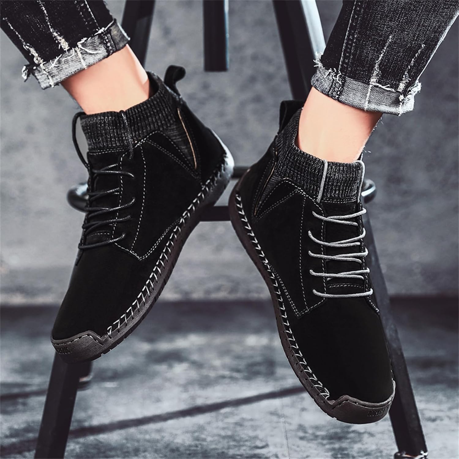 Men's Retro Genuine Leather Lace Up Flat Heel Ankle Chukka Boots Casual Lightweight Punk Soft Round Toe Breathable Driving Shoes for Work Daily Outdoors Walking Travel