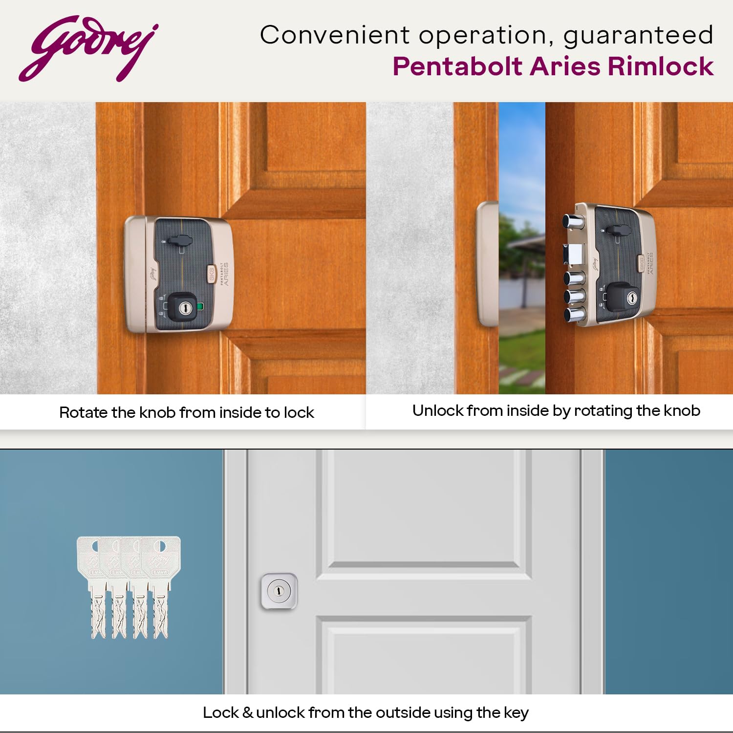 Godrej Rim Lock I Pentabolt Aries 3KS I 5 Bolts I 2C Deadbolt I for Inside Opening Door l Left/Right Handed Doors I 4 Keys I 15-Year Warranty I Manual Locking I Vegas Gold Finish 4