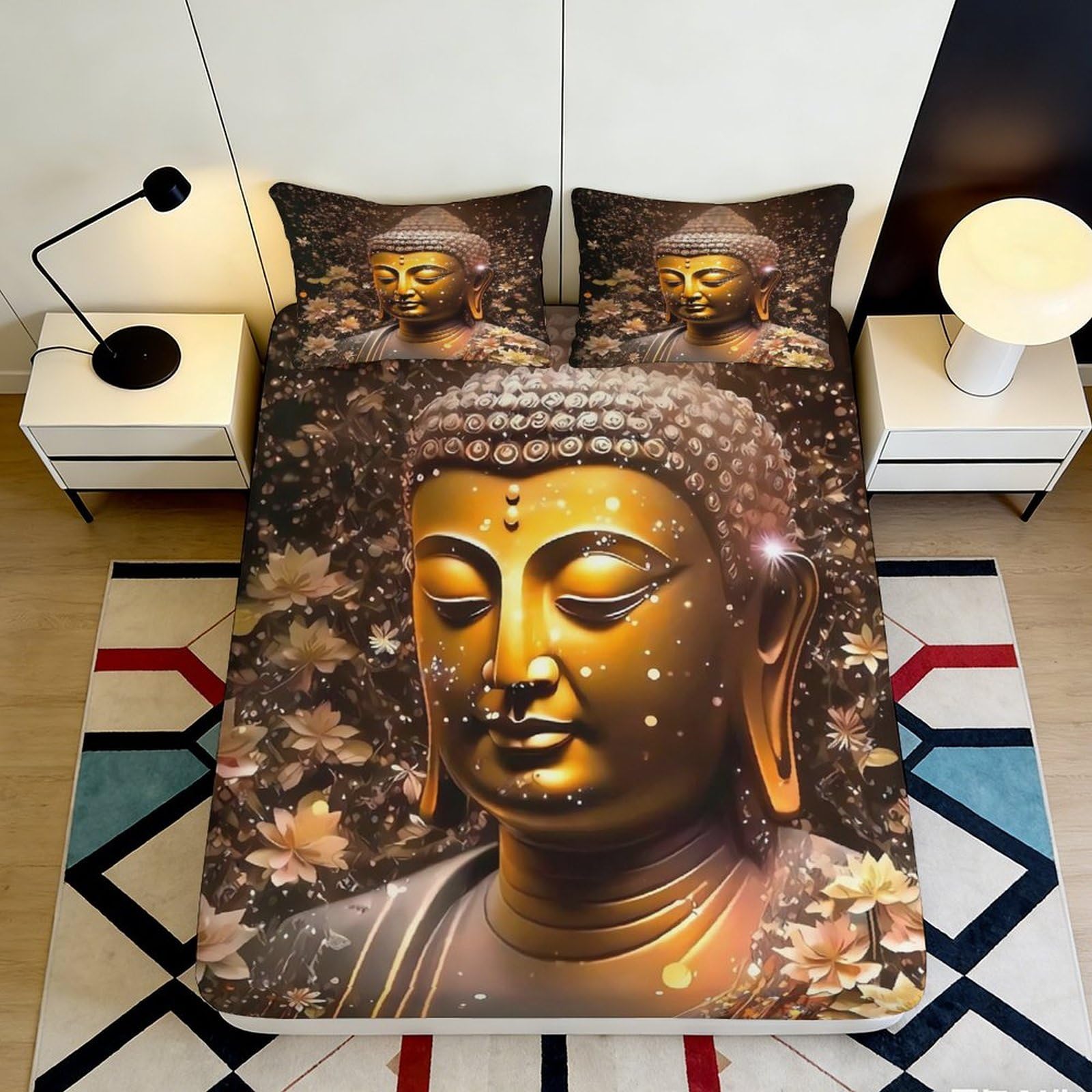 Pnayamiorkfel Style-8 3D Printed Buddha Floral Fitted Sheet Microfiber Soft Breathable Lotus Bed Cover For Bedroom Dorm Mattress Protection Decor 90X200x25cm