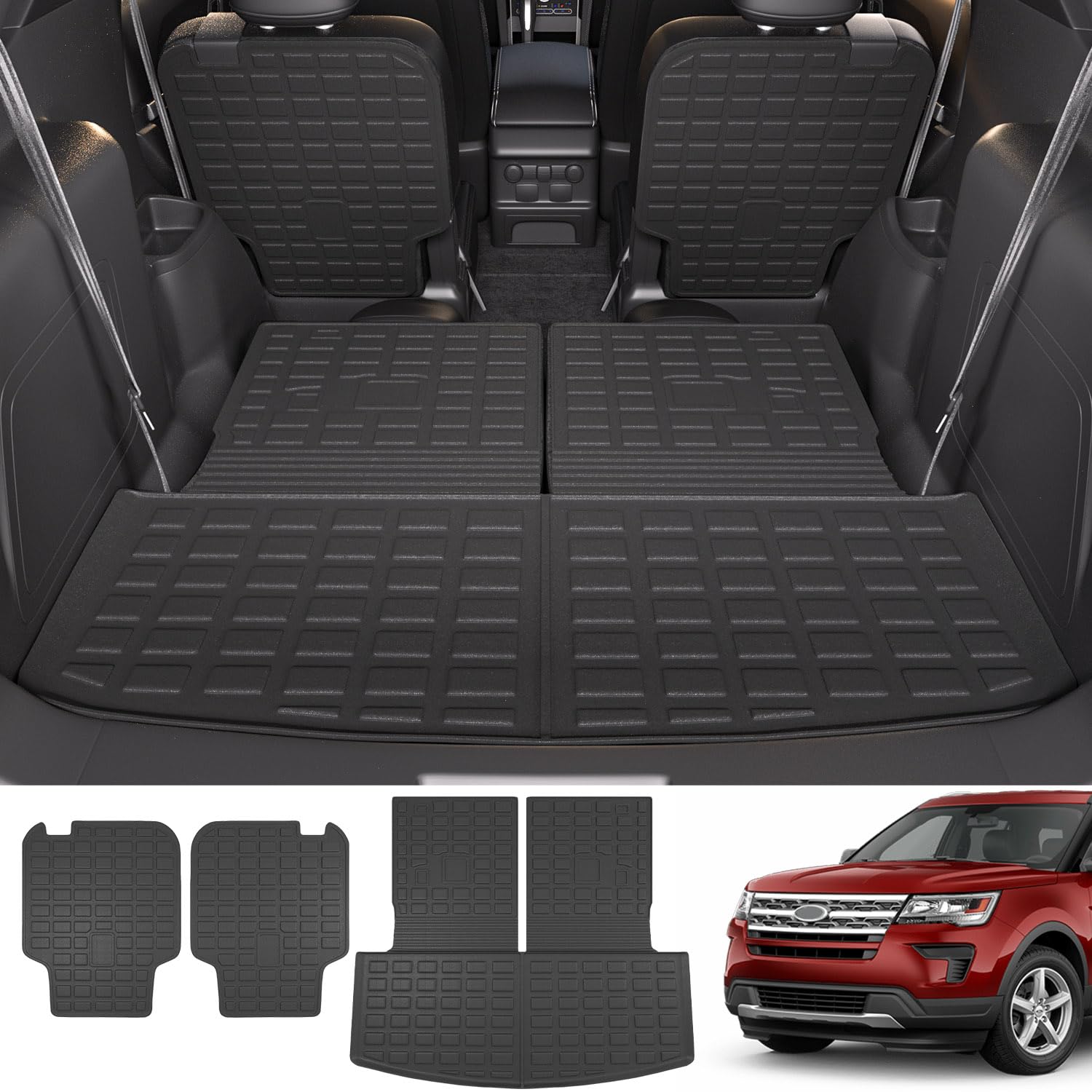 powoq cargo mat compatible with 2020-2024 ford explorer 6-seat trunk mat backrest mat cargo liner replacement for 2020-2024 ford explorer accessories(trunk mat with backrest mat+2nd backrest mat)