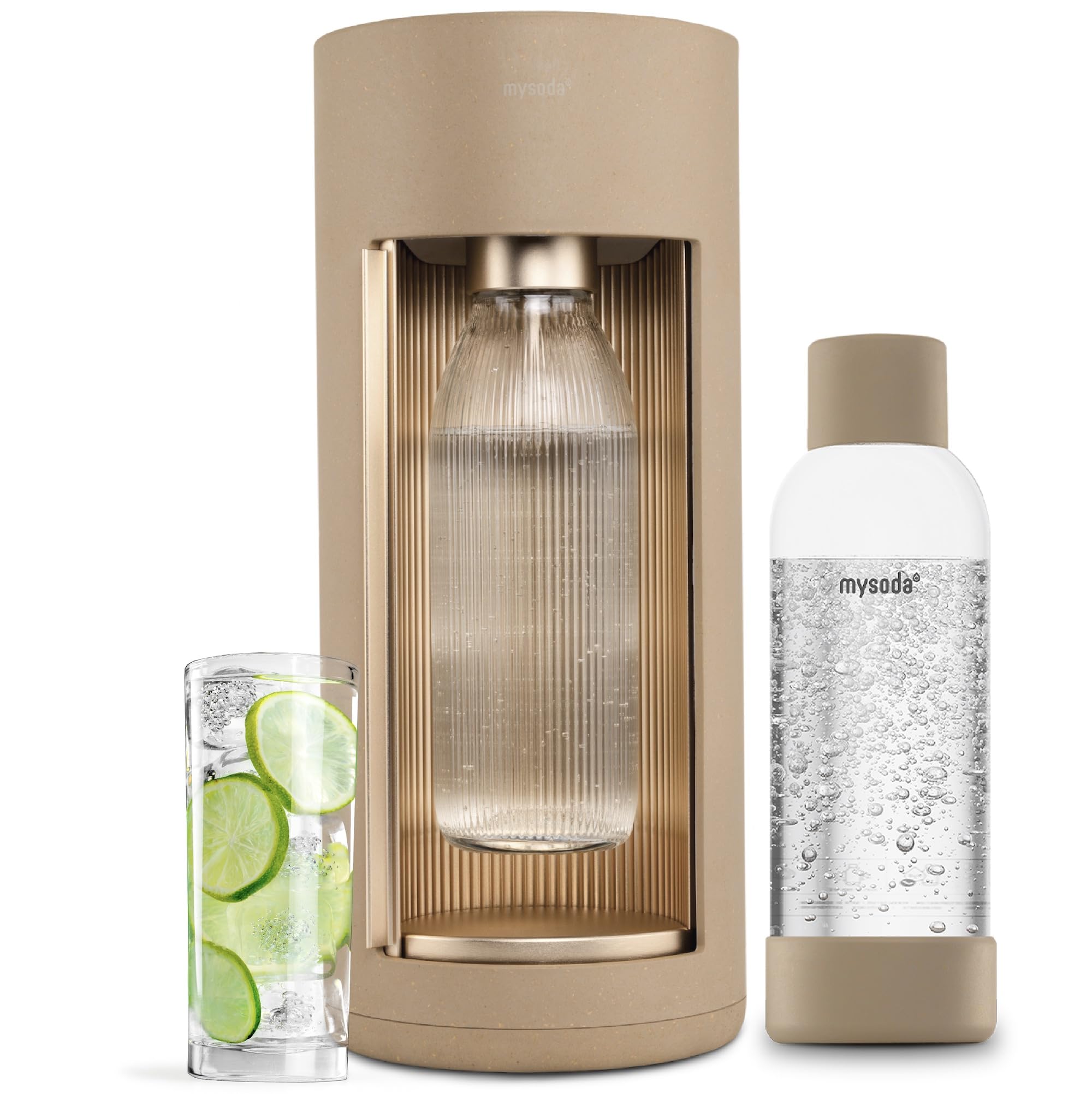 New Mysoda Glassy Design Sparkling Water Maker With 1L Glass & Plastic bottle - Silent Nordic Design Soda Maker Featuring A Sliding Door Opening - No Cylinder Included - Colour Latte