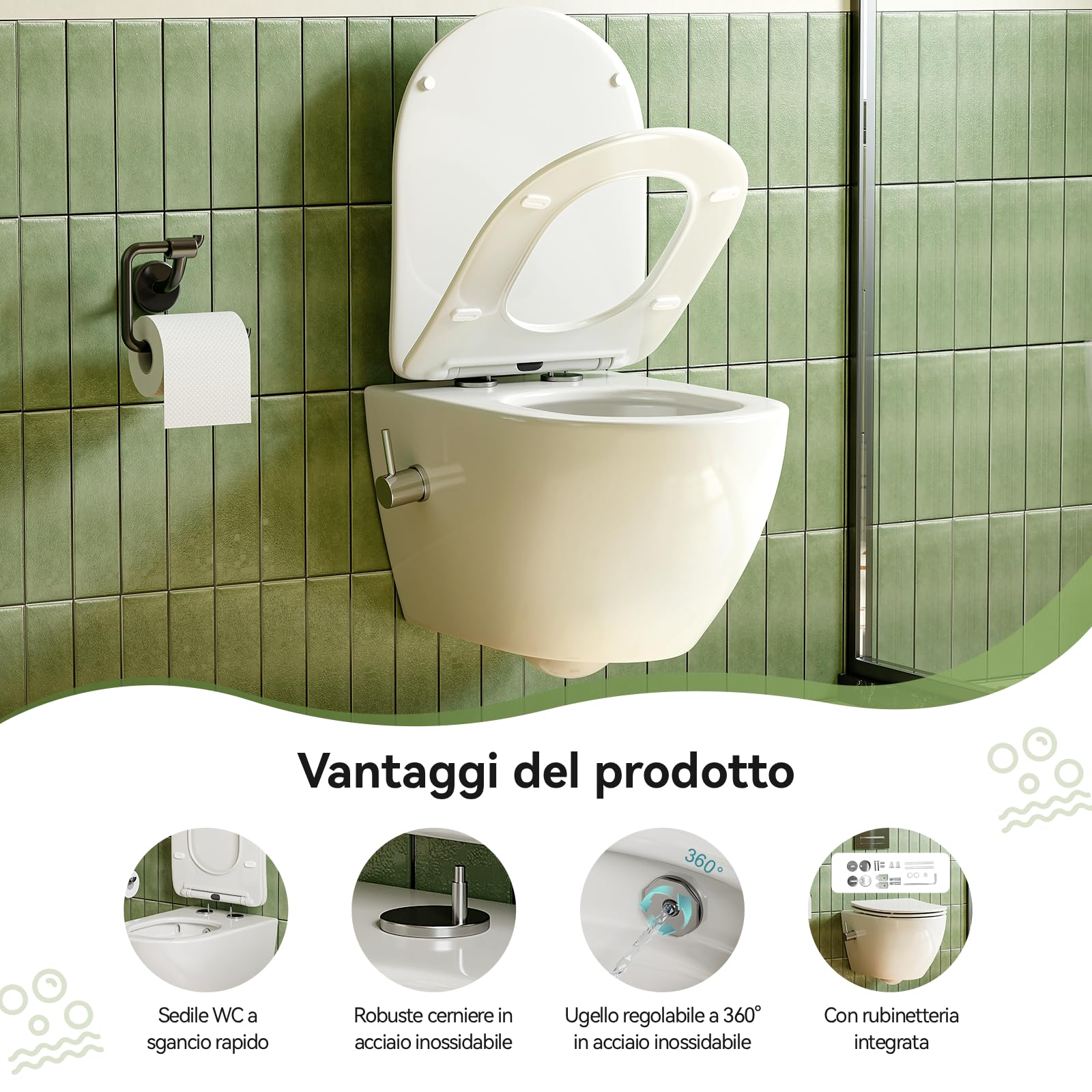 WC con ugello integrato, WC sospeso con funzione bidet, WC con rivestimento nano-rivestimento, WC con rubinetto, sedile WC con abbassamento automatico, 53 x 36 x 35 cm