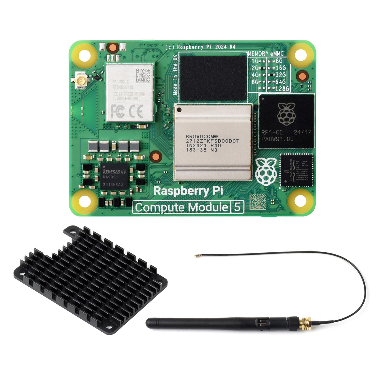 Waveshare CM5 Pi Compute Module 5，Comes with an Official Raspberry Pi CM5102032 (with Wireless, 2GB RAM, 32GB eMMC Flash), an Antenna Kit and a HEATSINK